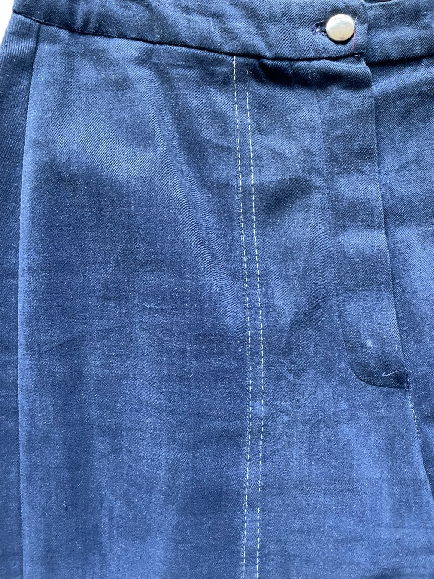 Front right view of Vintage 1970s Navy Moleskin Wide Leg Bells W26 | Barn Owl Vintage Seattle | Vintage 70s Moleskin Trousers