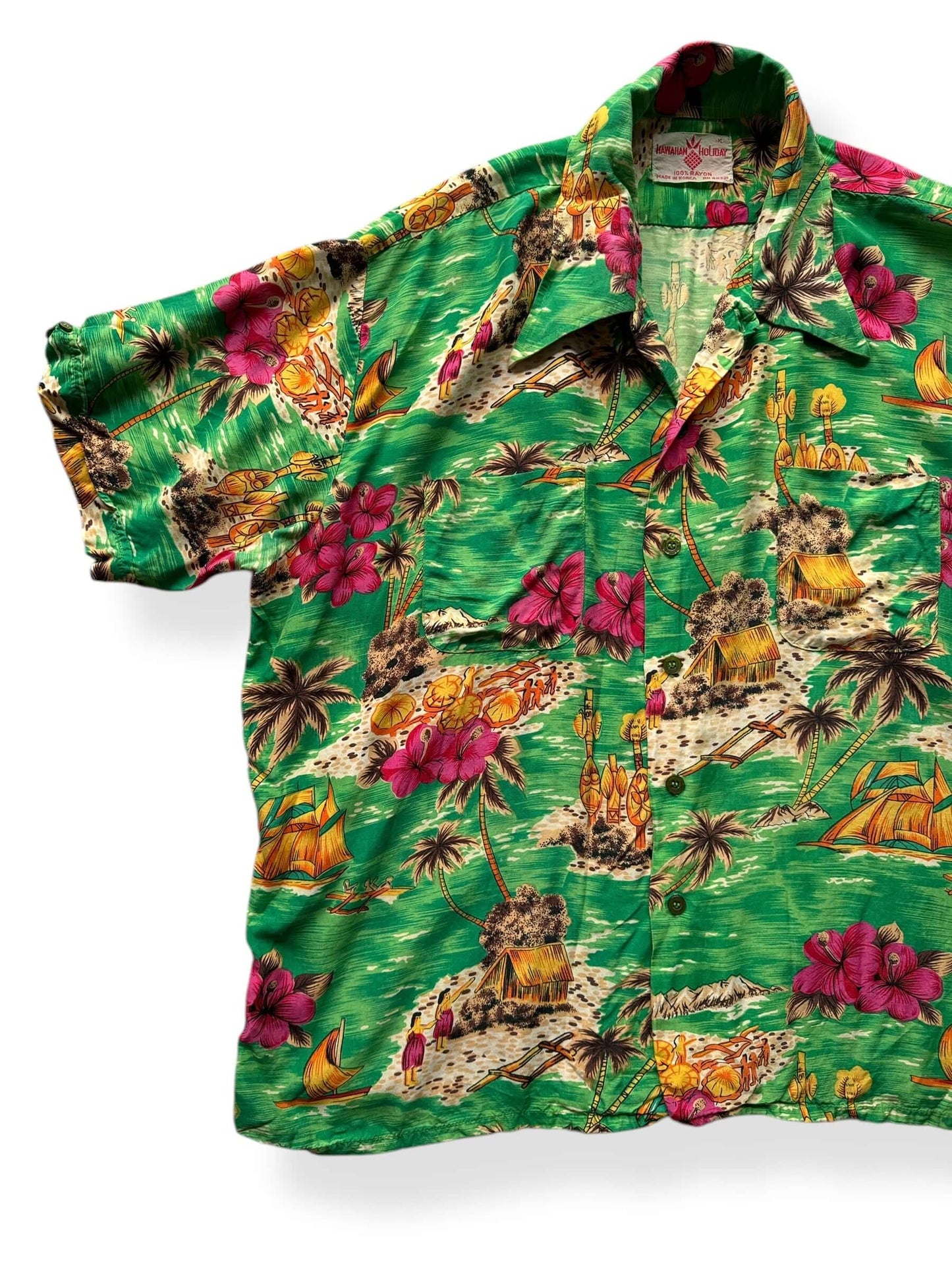 Front Right of Vintage Hawaiian Holiday Aloha Shirt SZ XL AS IS