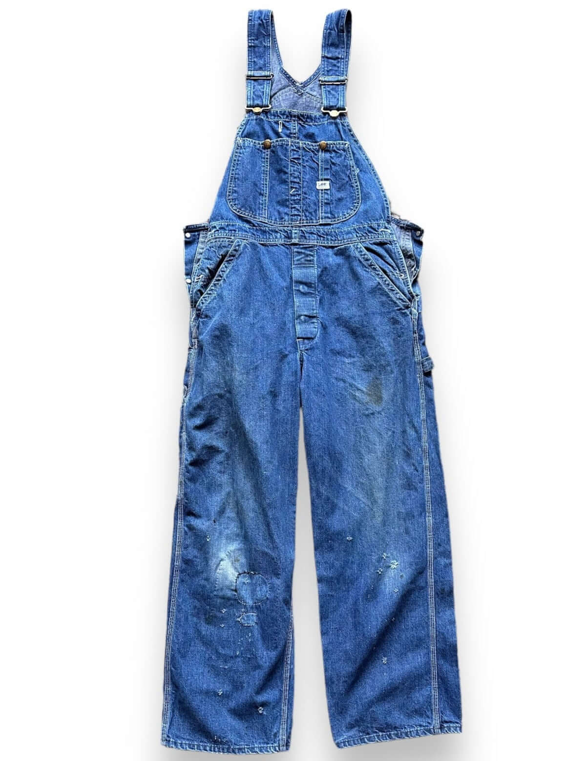 Front View of Vintage 70's Era Lee Farm Repaired Denim Overalls SZ 34 | Vintage Denim Workwear Seattle | Seattle Vintage Denim