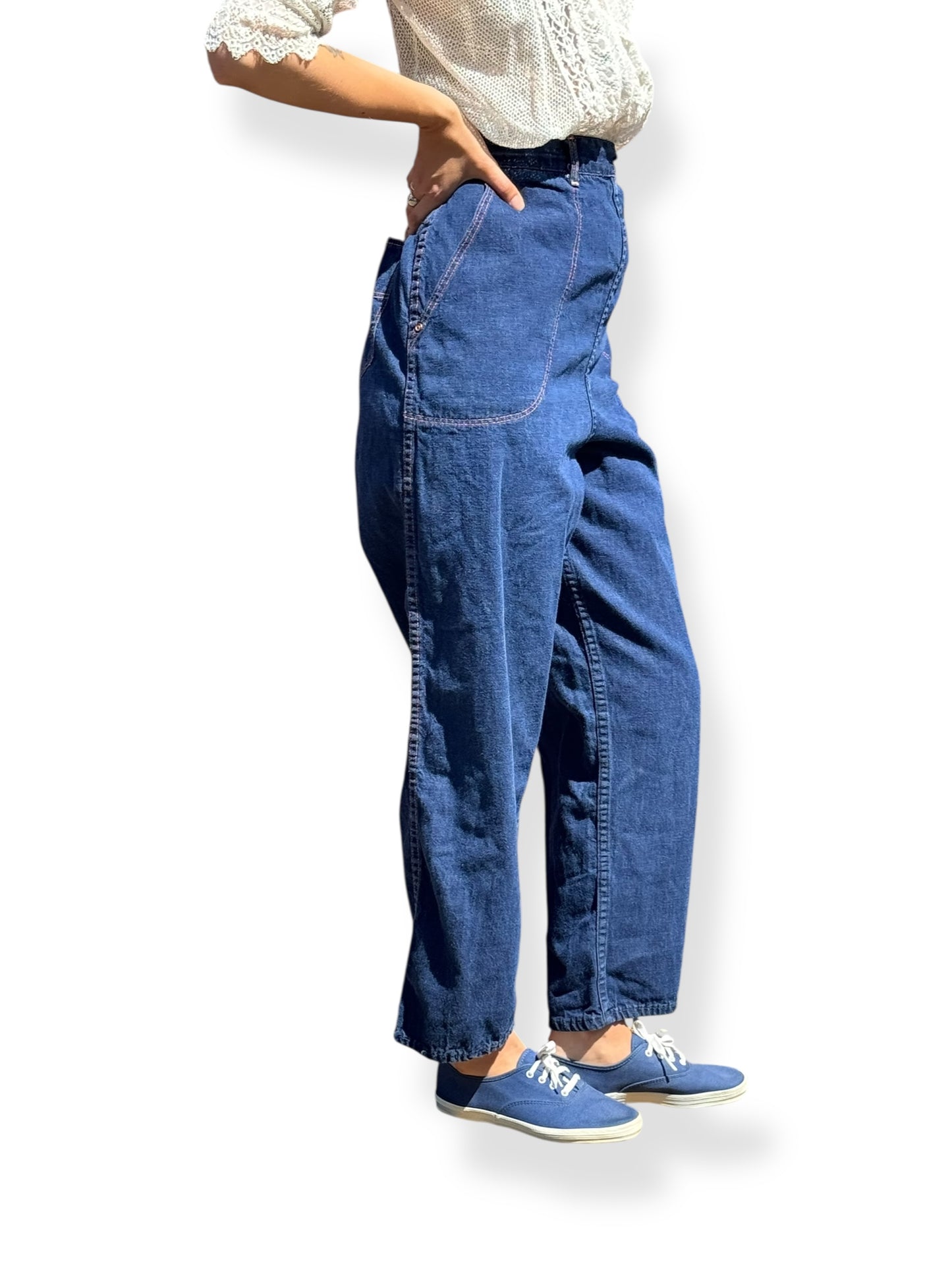 Side Close Up On Body View of Vintage Ladies Strong Reliable Side Zip Jeans W30