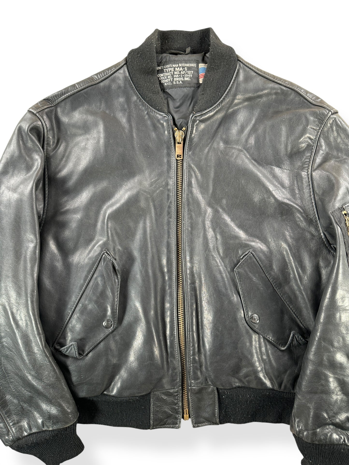 Front Close Up of Vintage Schott Leather MA-1 Jacket SZ 46
