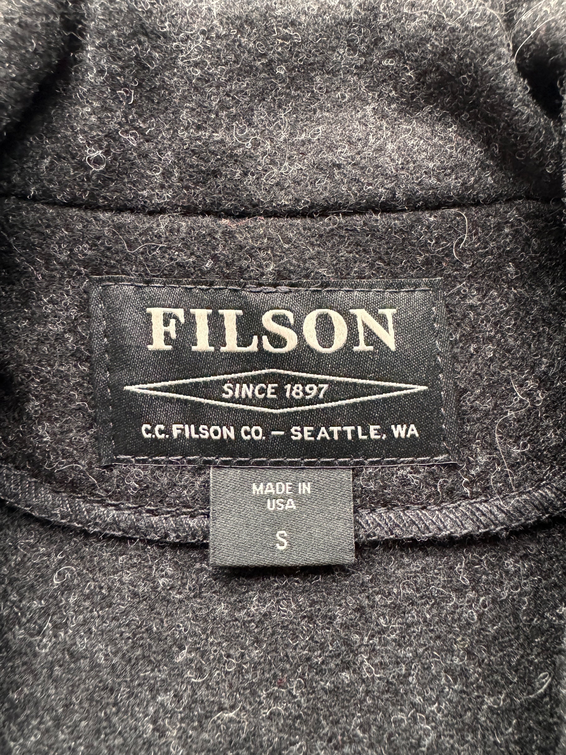 Tag on Filson Mackinaw Wool Charcoal Western Vest SZ S