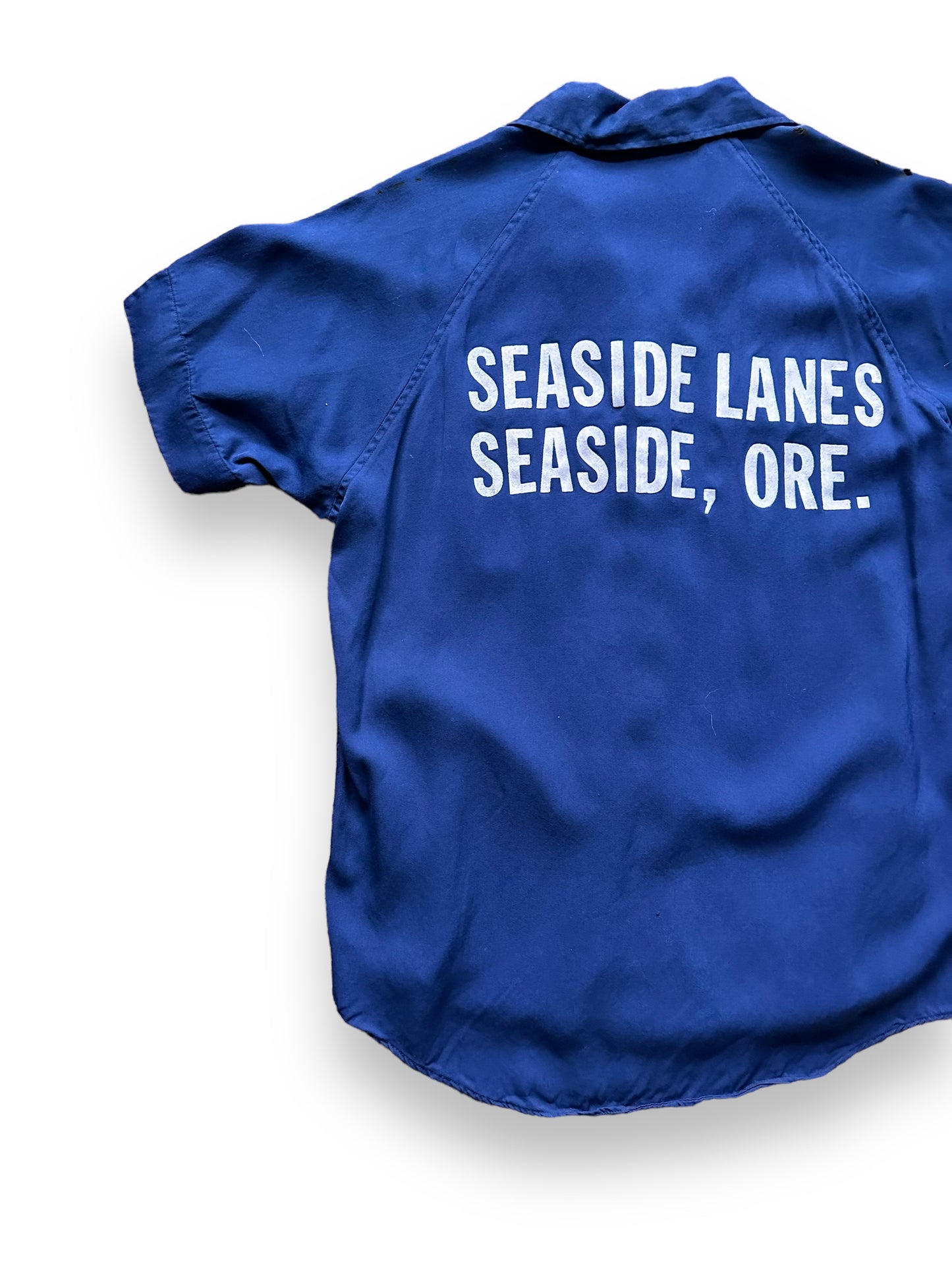 back left of Vintage Seaside Lanes Oregon Mens Rayon Bowling Shirt SZ M | Vintage Bowling Shirt Seattle | Barn Owl Vintage Seattle