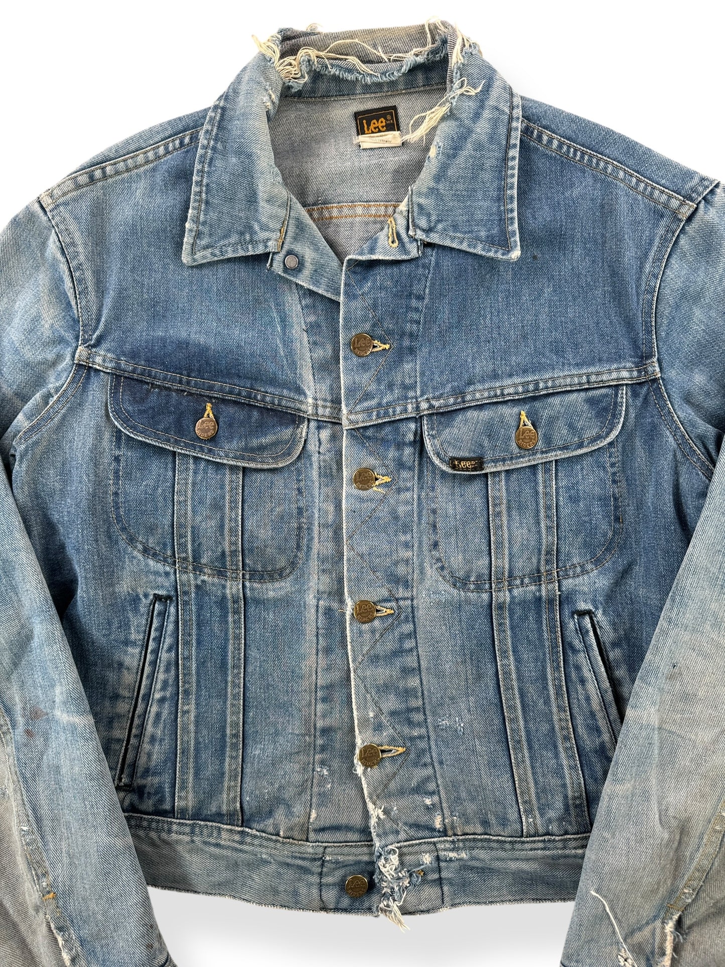Front Close Up of 80s Lee 101-J Distressed Jacket SZ 44 Long
