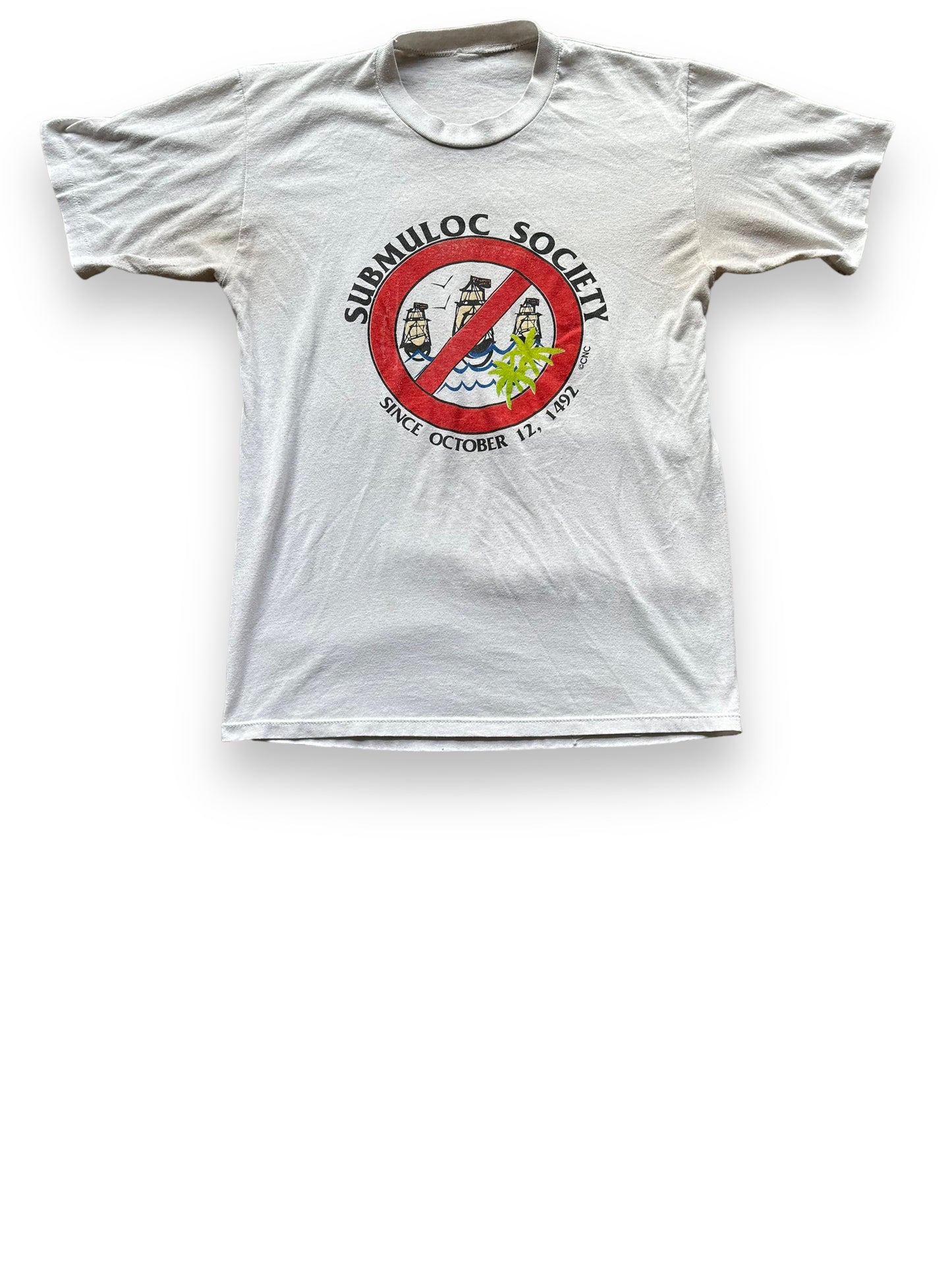Front View of Vintage Submuloc First Nations Anti-Columbus Tee SZ M | Vintage Graphic T-Shirts Seattle | Barn Owl Vintage Tees Seattle