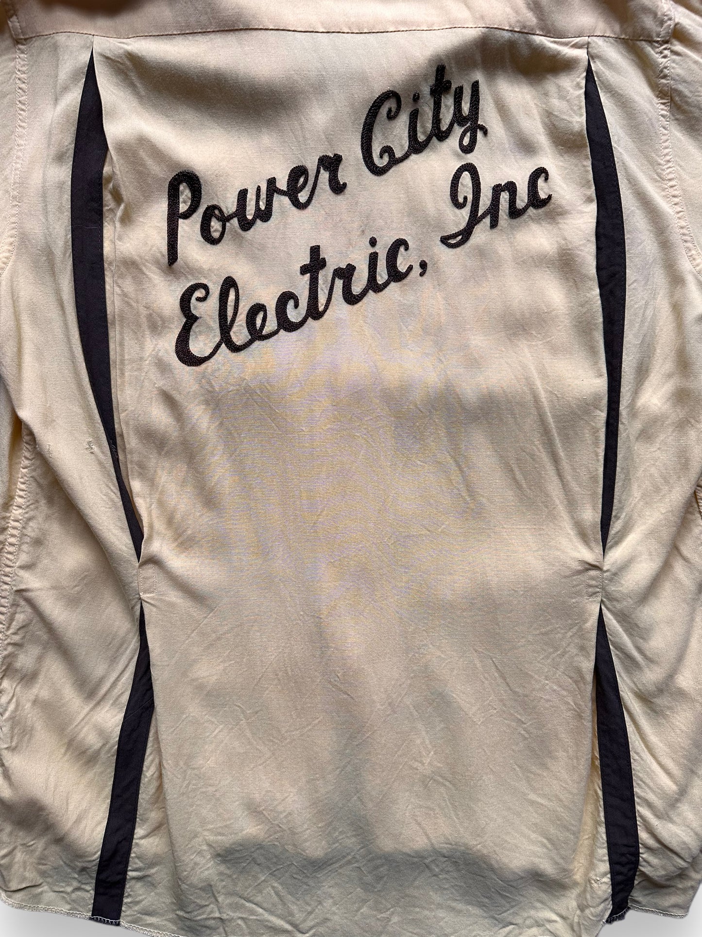 back close up of Vintage Power City Electric Company Rayon Bowling Shirt SZ L | Vintage Bowling Shirt Seattle | Barn Owl Vintage Seattle