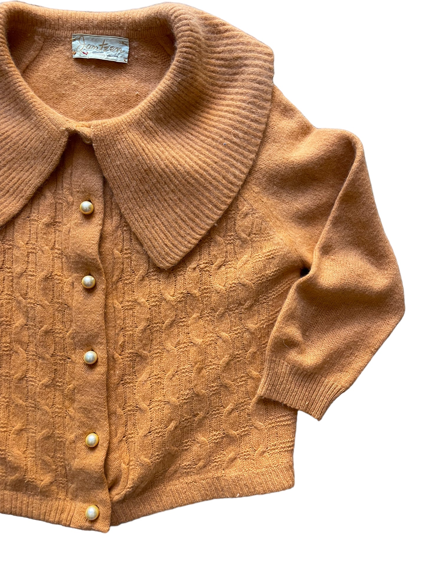 Front left side of Vintage 1950s Jantzen Gold Cardigan | Seattle True Vintage | Barn Owl Ladies Clothing