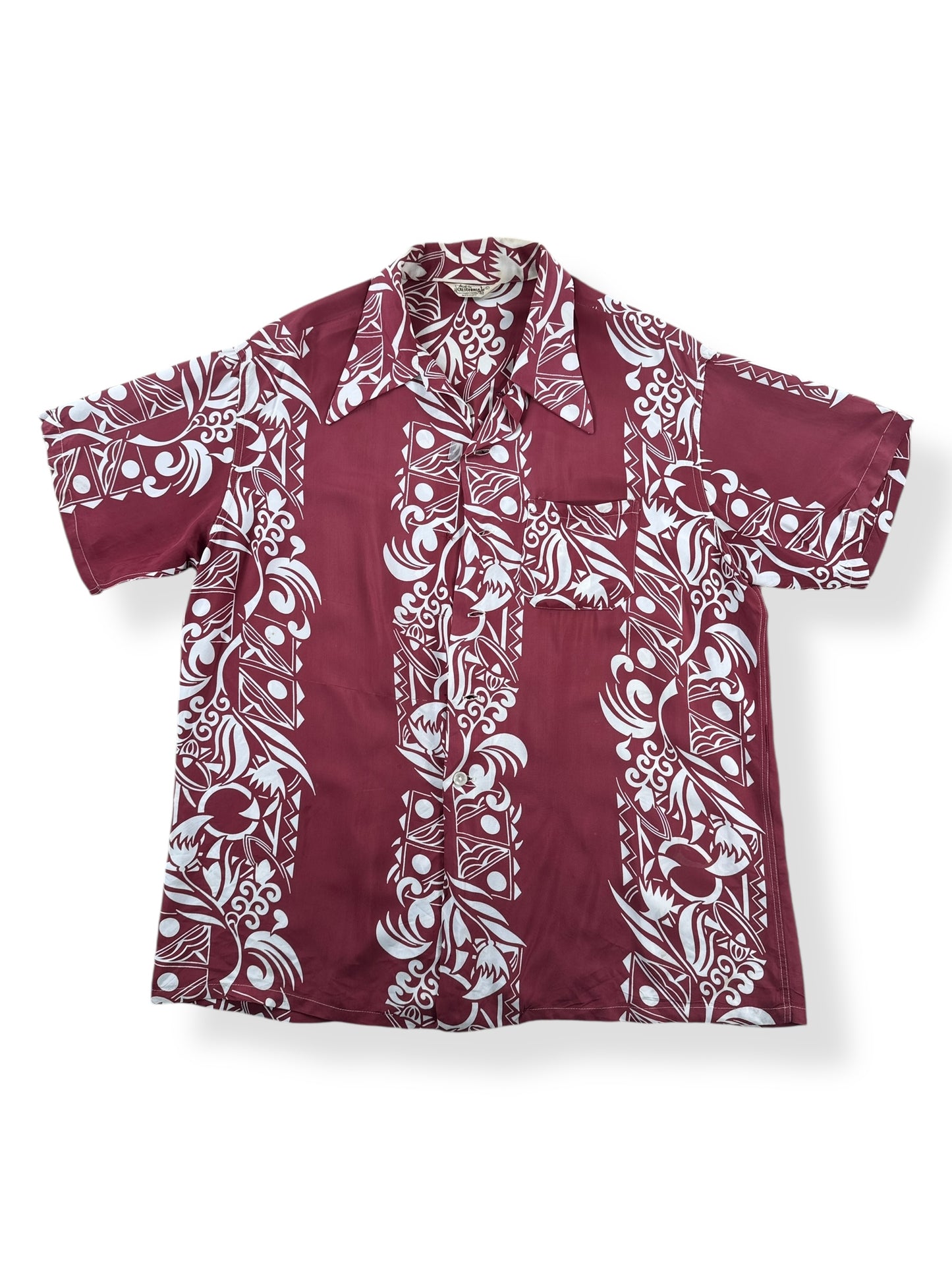 Front of Vintage Made in California Border Print Aloha Shirt SZ L AS IS