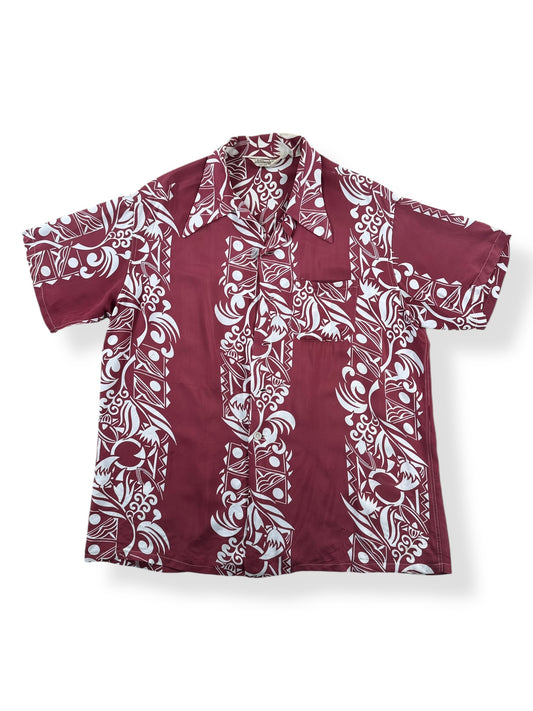 Front of Vintage Made in California Border Print Aloha Shirt SZ L AS IS