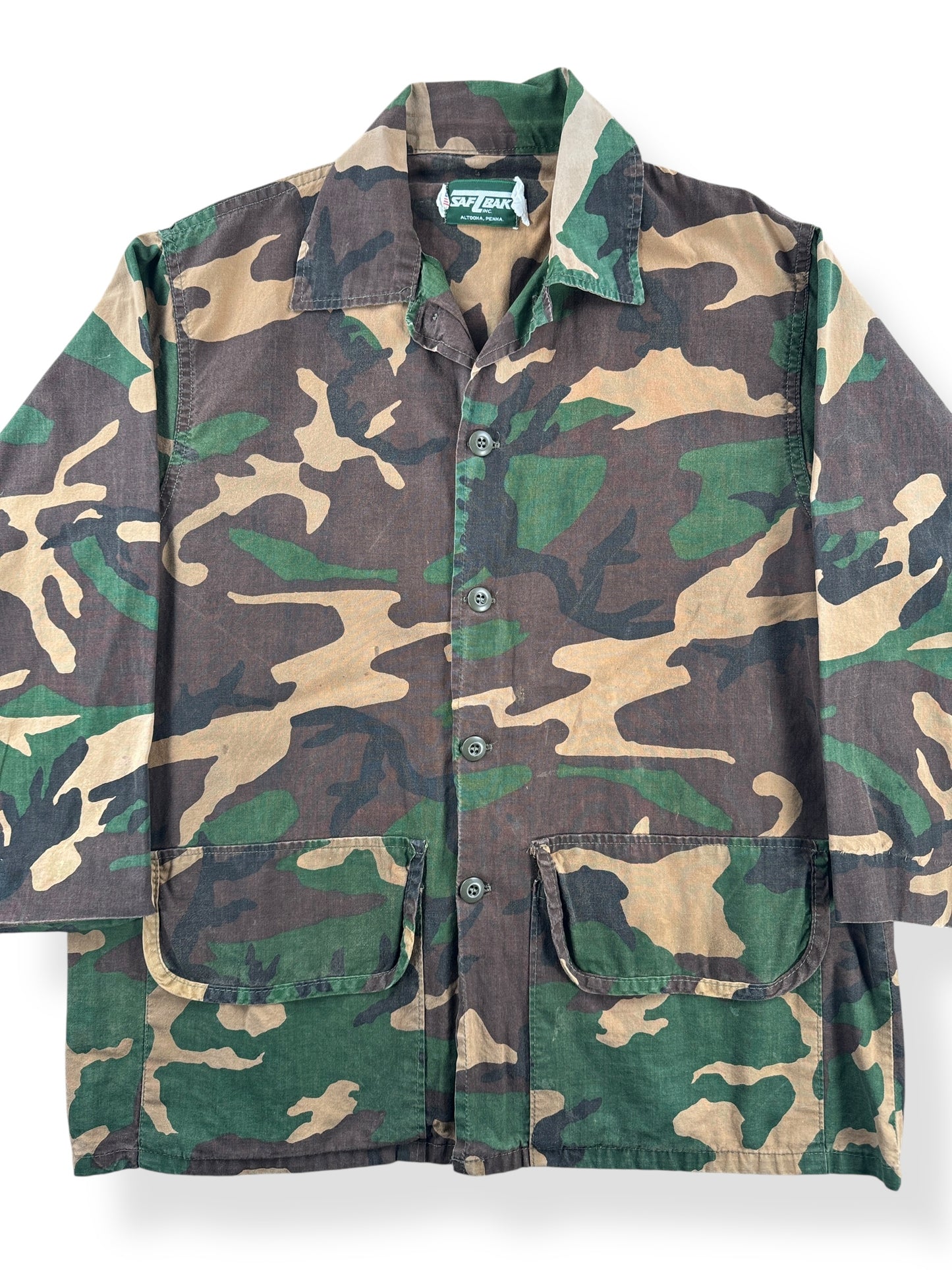 Front Close Up of Vintage SafeTBak Camo Chore SZ XL
