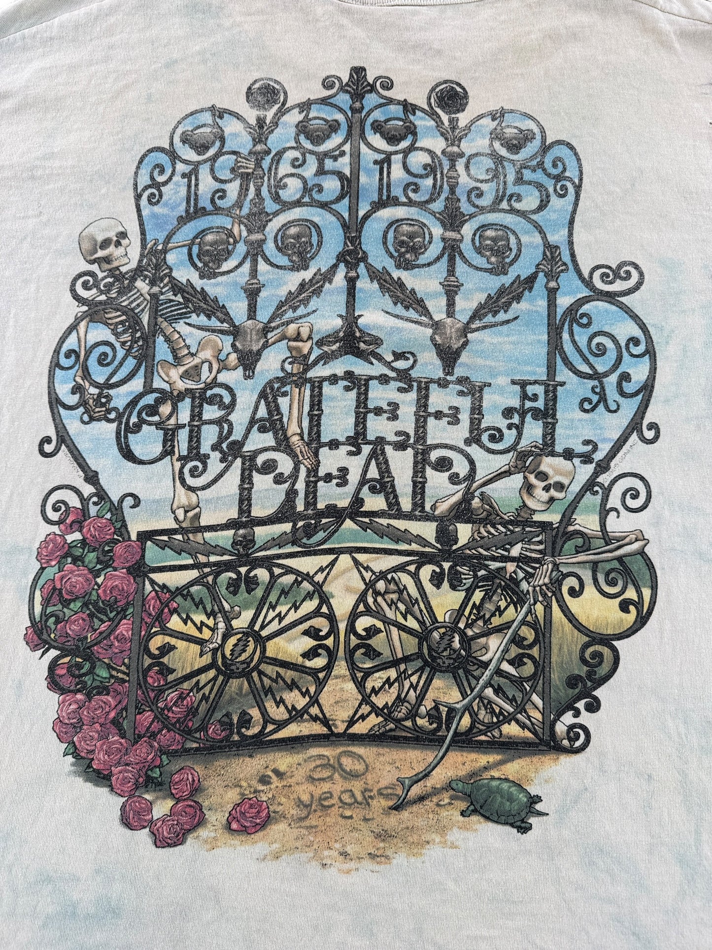 Back Graphic of Vintage Grateful Dead 30 Years Bertha Liquid Blue Tee SZ XL