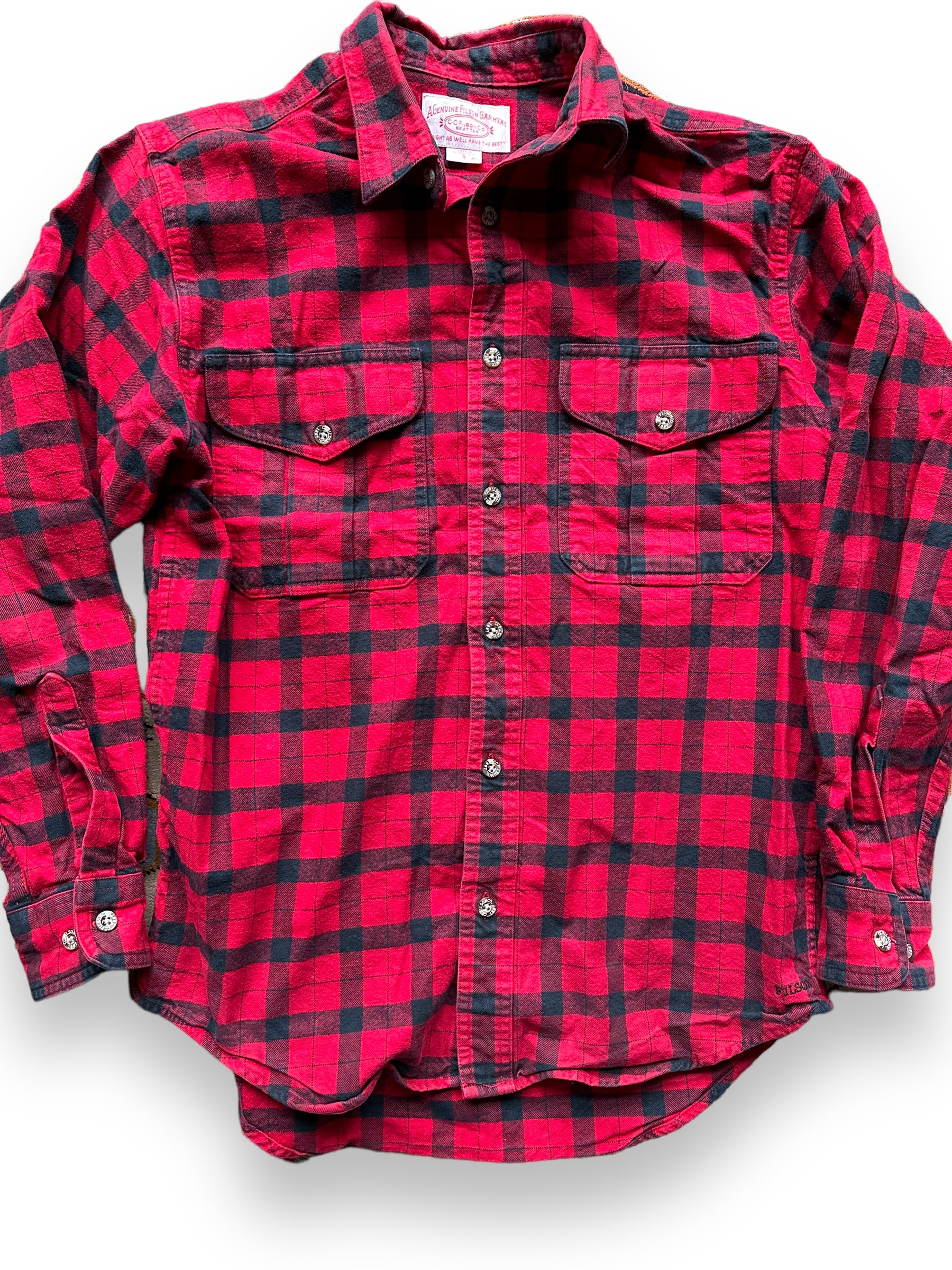front close up of Filson Black and Red Guide Shirt |  Barn Owl Vintage Goods | Vintage Filson Workwear Seattle