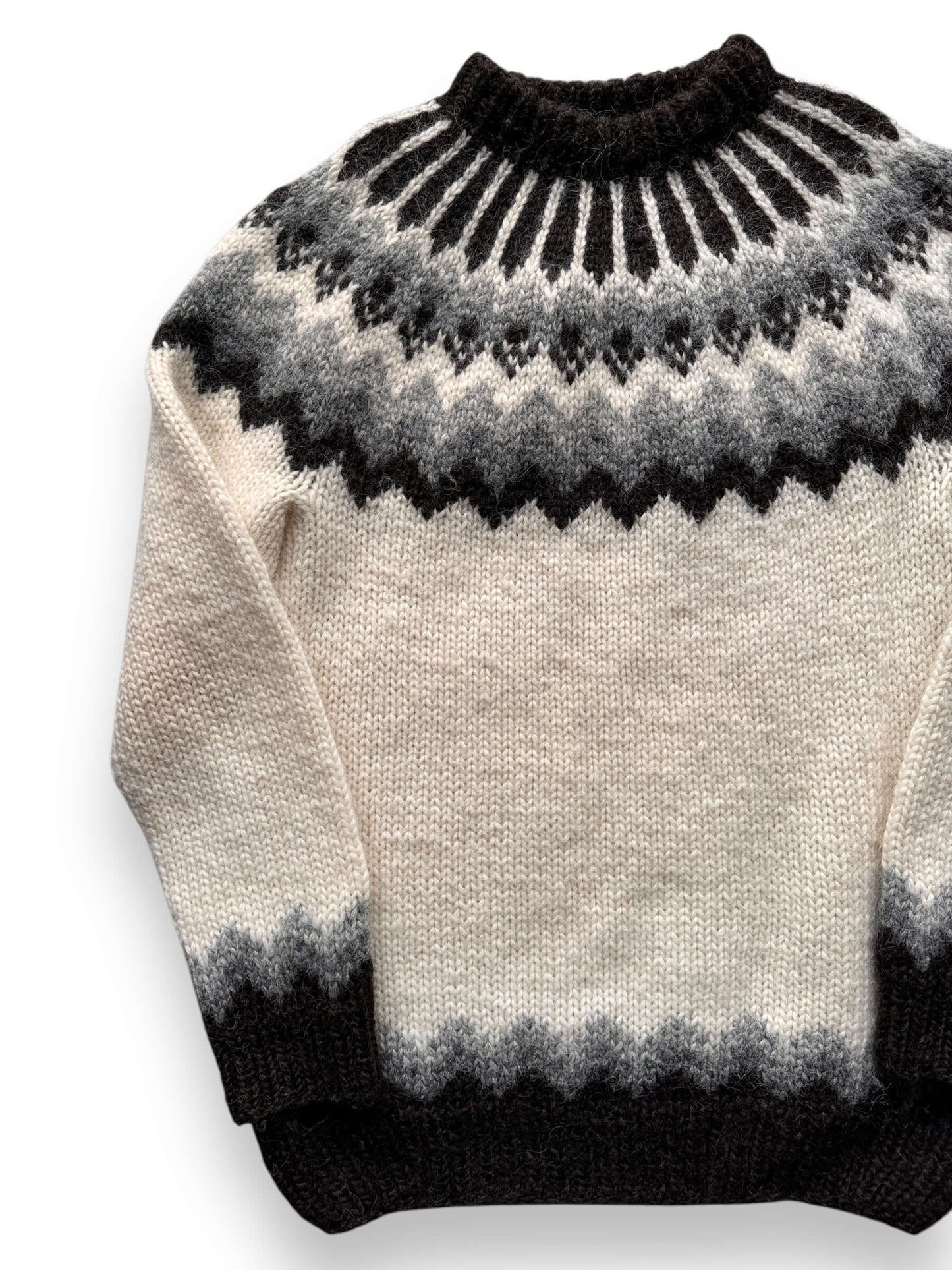 front right of Vintage Black and White Icelandic Wool Sweater SZ XL