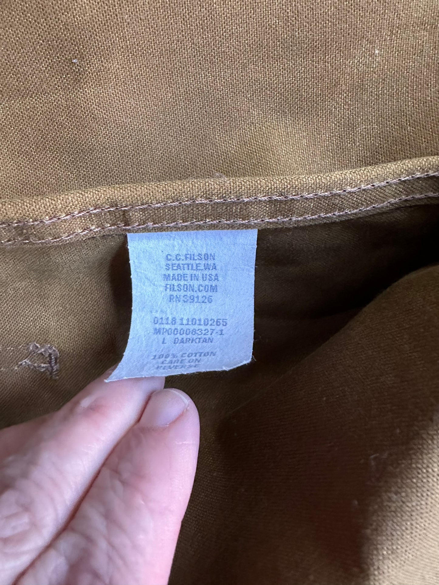 Production Tag View on Filson Tin Cloth Vest SZ L | Filson Bargain Outlet Seattle | Barn Owl Vintage