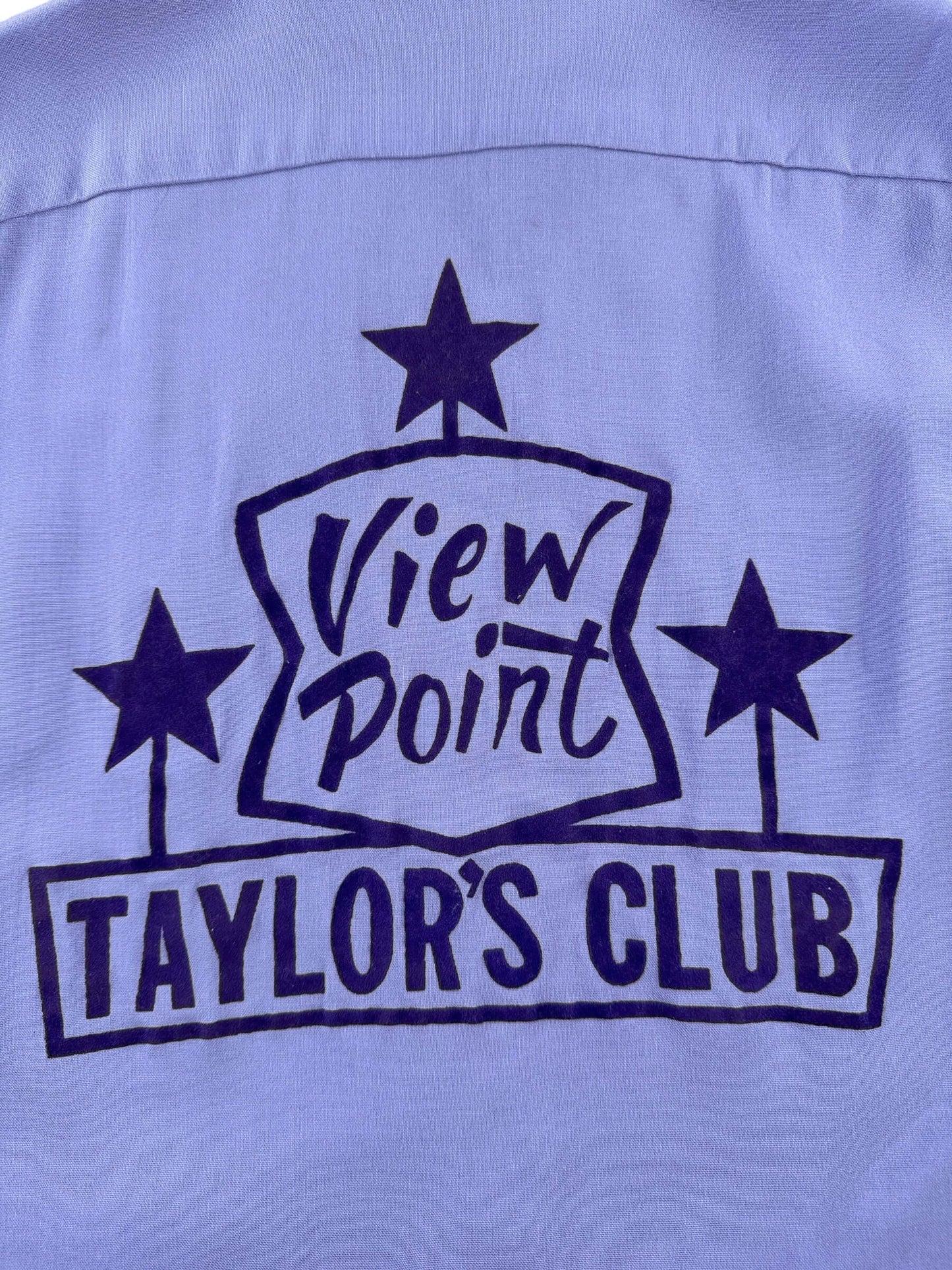 Back Graphic of Vintage Lilac Ladies Flocked Bowling Shirt SZ 38