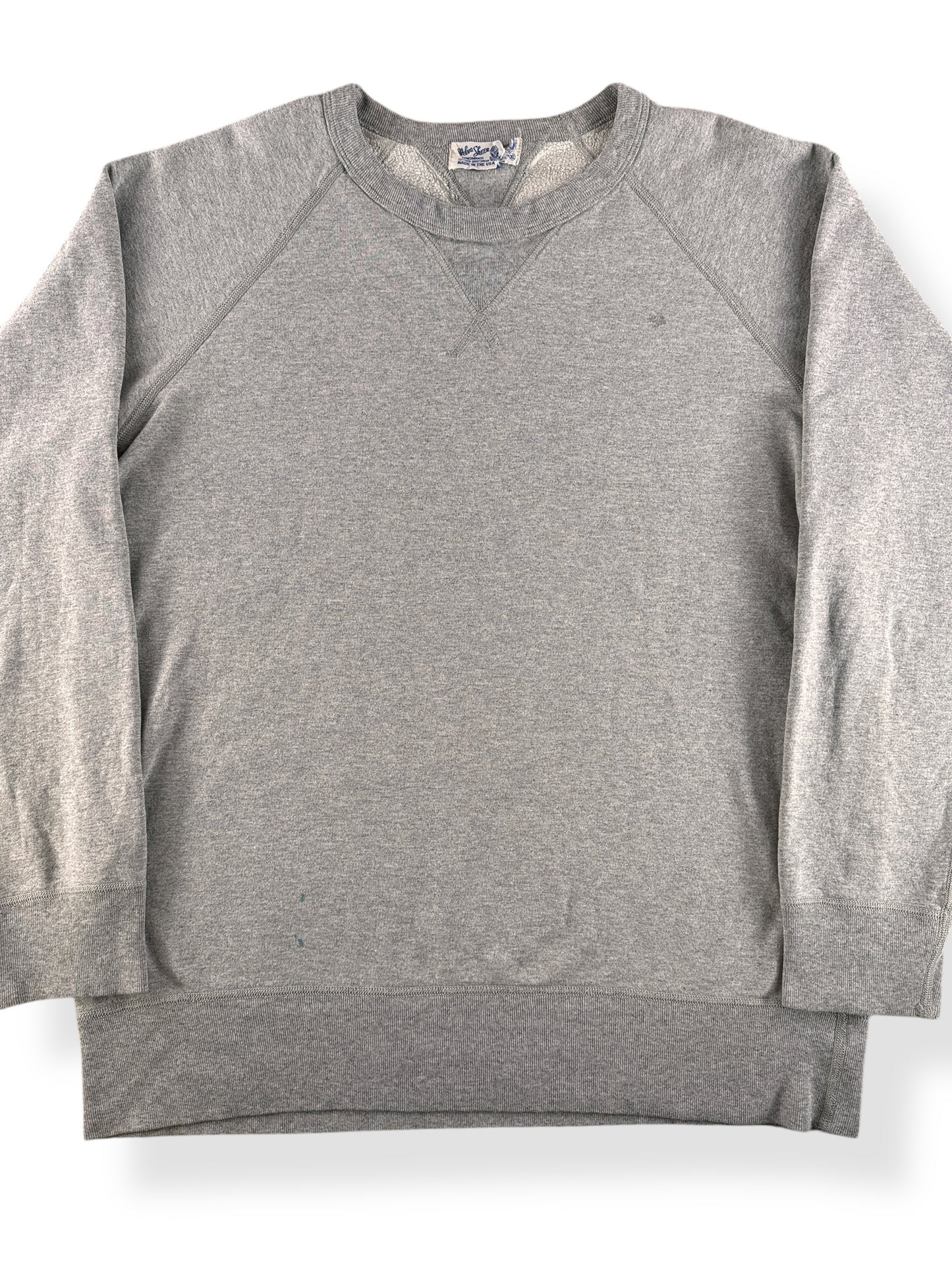 Front Close Up of Modern Repro Velva Sheen Heather Grey Double V Sweatshirt SZ XL