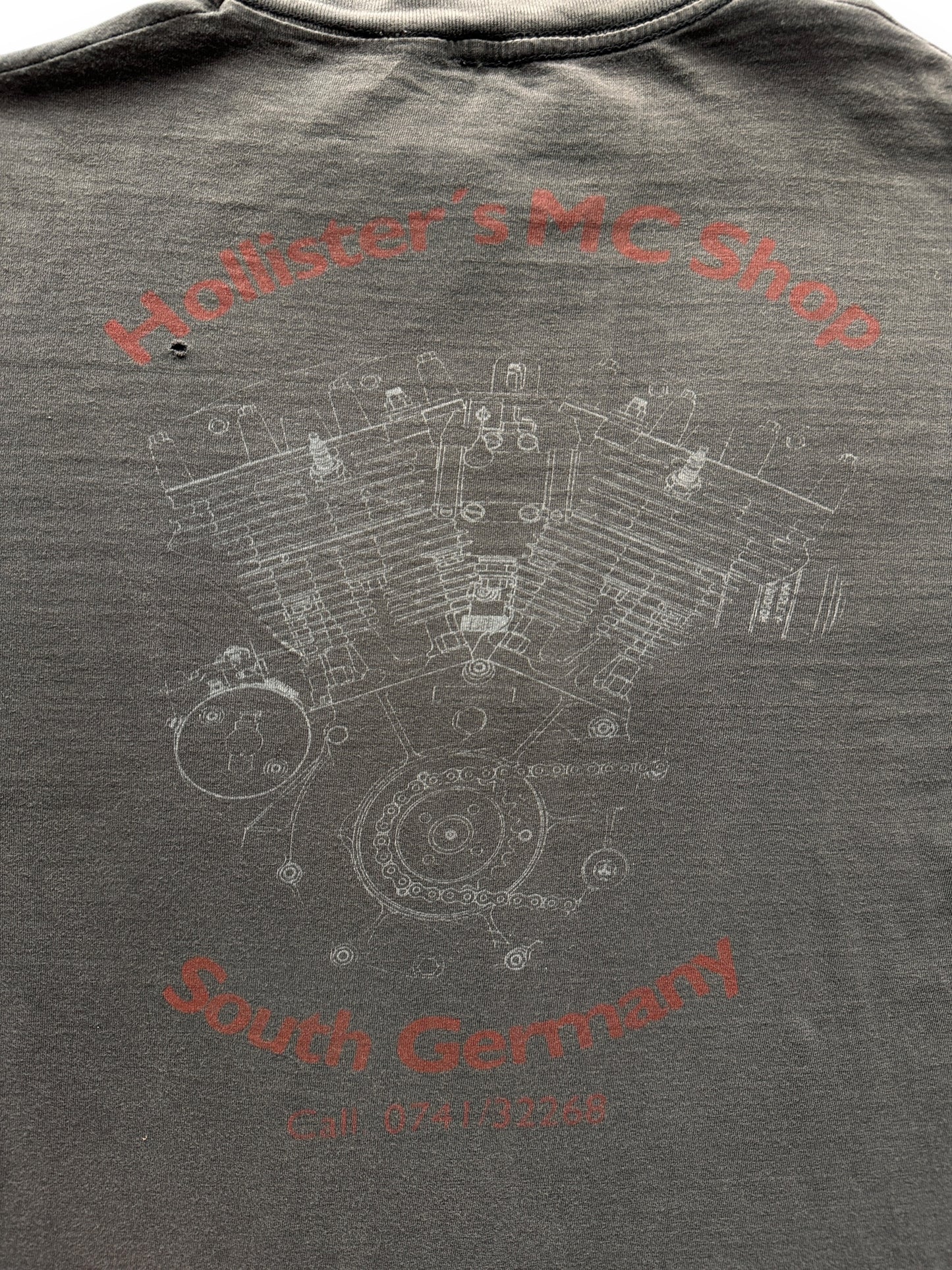 back graphic of Vintage Faded Hollisters MC Shop of South Germany Harley Tee SZ L