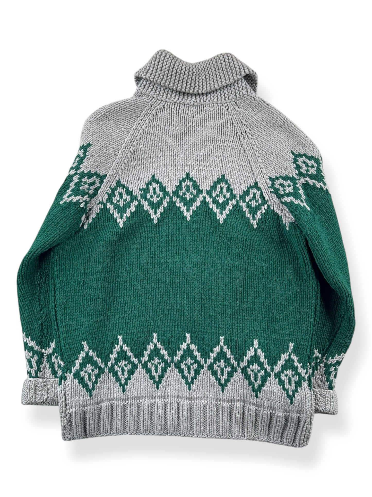 Back of Vintage Handmade Green & Tan Cowichan Style Sweater SZ M