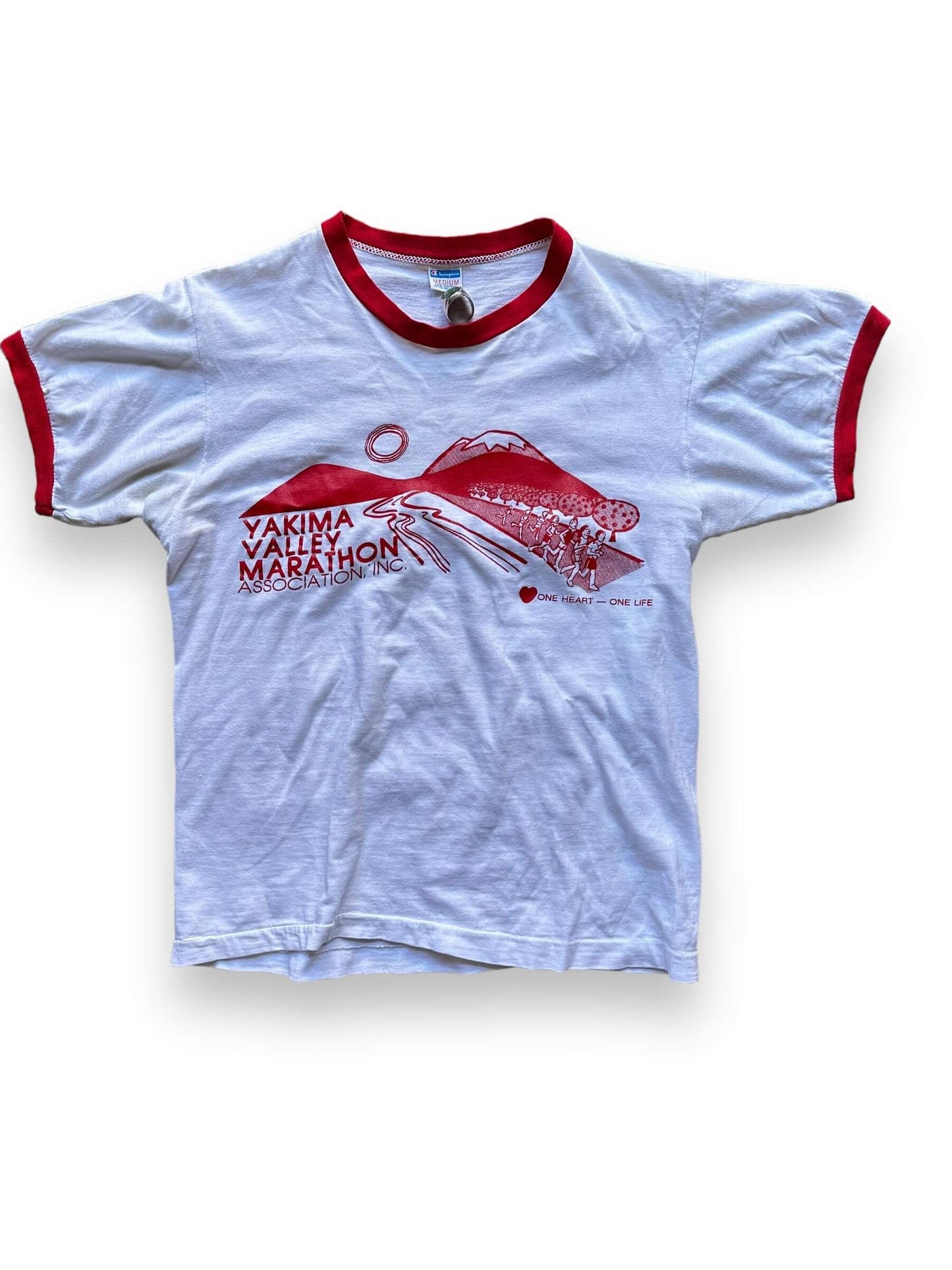 Front Detail on Vintage Yakima Valley Half Marathon Champion Blue Bar Tee SZ M | Vintage Champion Ringer Tee Seattle | Barn Owl Vintage