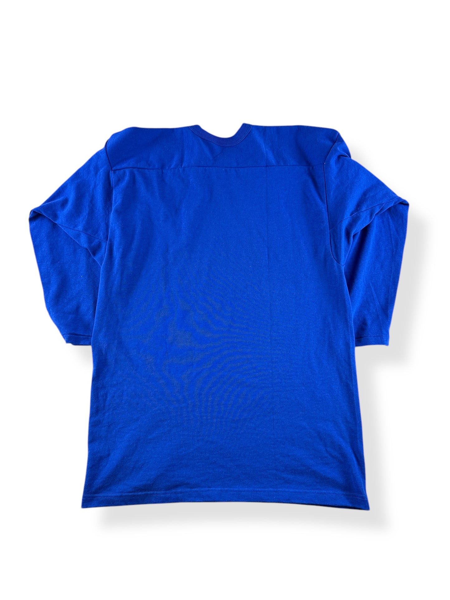 Back of Vintage Russell Blue Blank Poly Blend Jersey SZ L