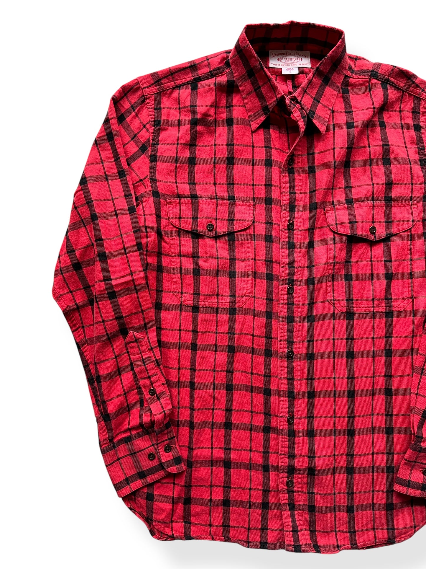Front Right of Filson Lightweight Red & Black Cotton Flannel SZ S