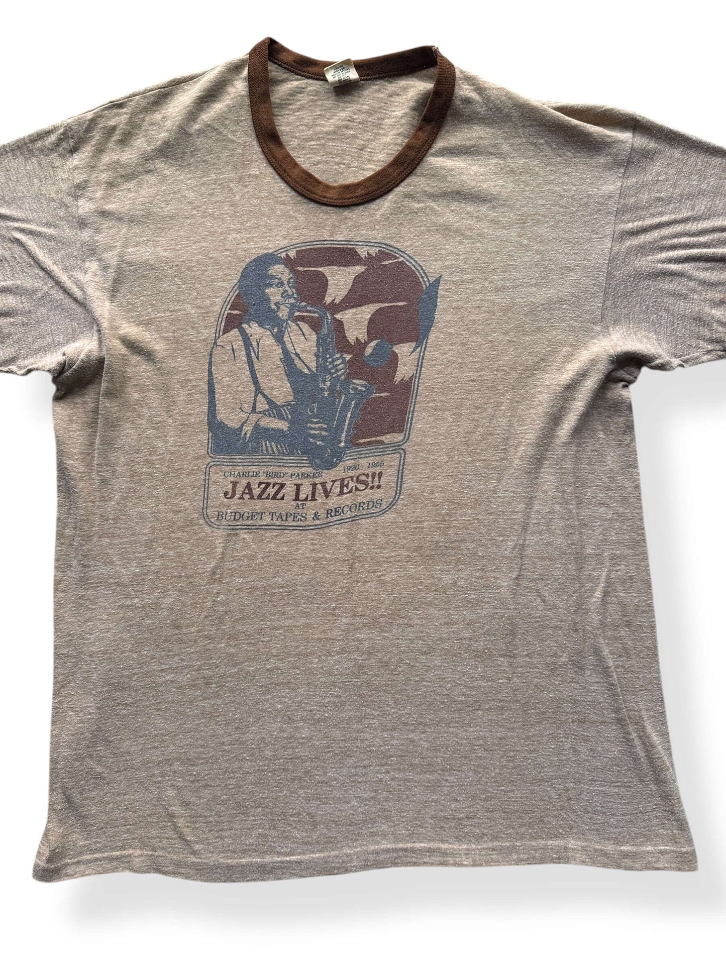 Front Close Up of Vintage Jazz Lives Charlie Parker Ringer Tee SZ L of Vintage Jazz Lives Charlie Parker Ringer Tee SZ L