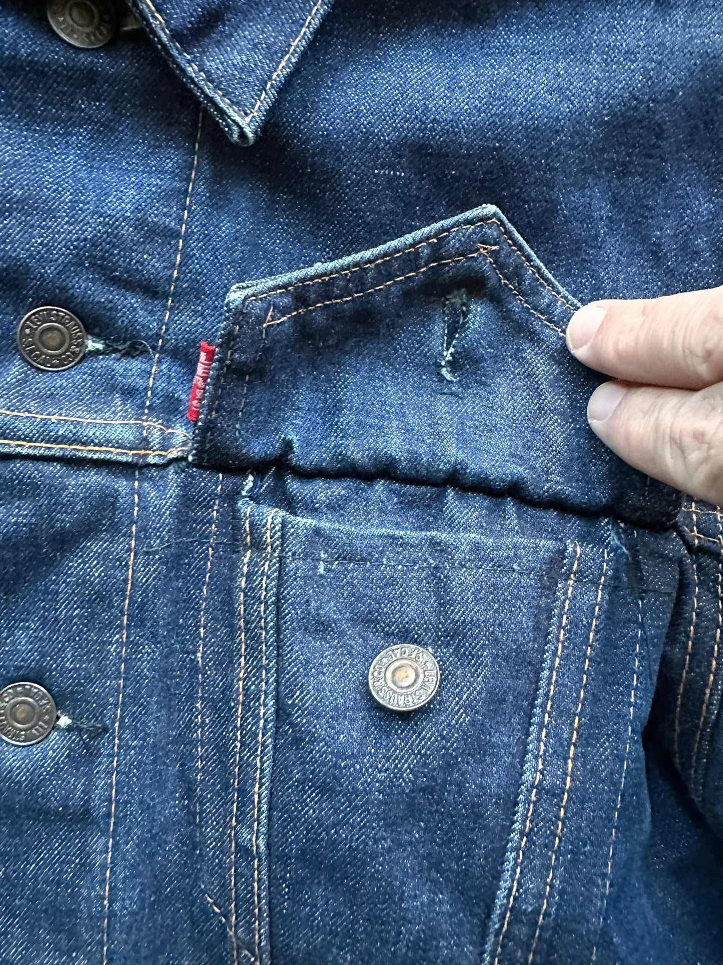 Big E Levis Tag on Vintage Levi's Big E Blanket Lined Type III Trucker SZ S | Vintage Denim Workwear Seattle | Seattle Vintage Denim