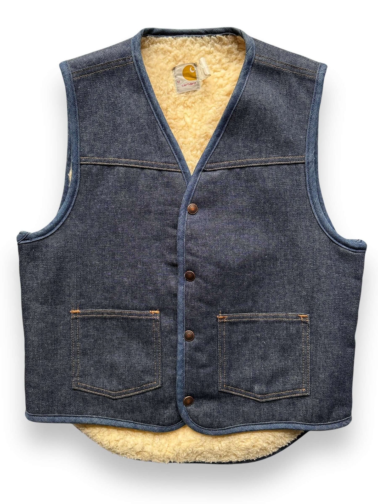 front close up of Vintage Carhartt Sherpa Lined Denim Vest SZ M