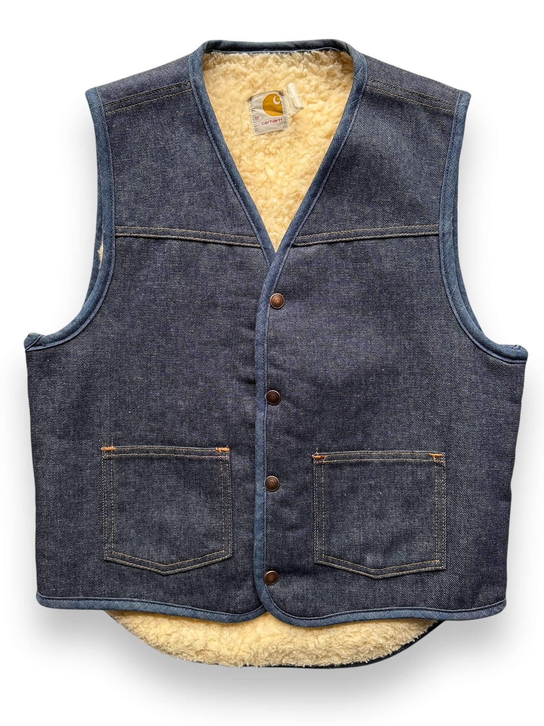 front close up of Vintage Carhartt Sherpa Lined Denim Vest SZ M