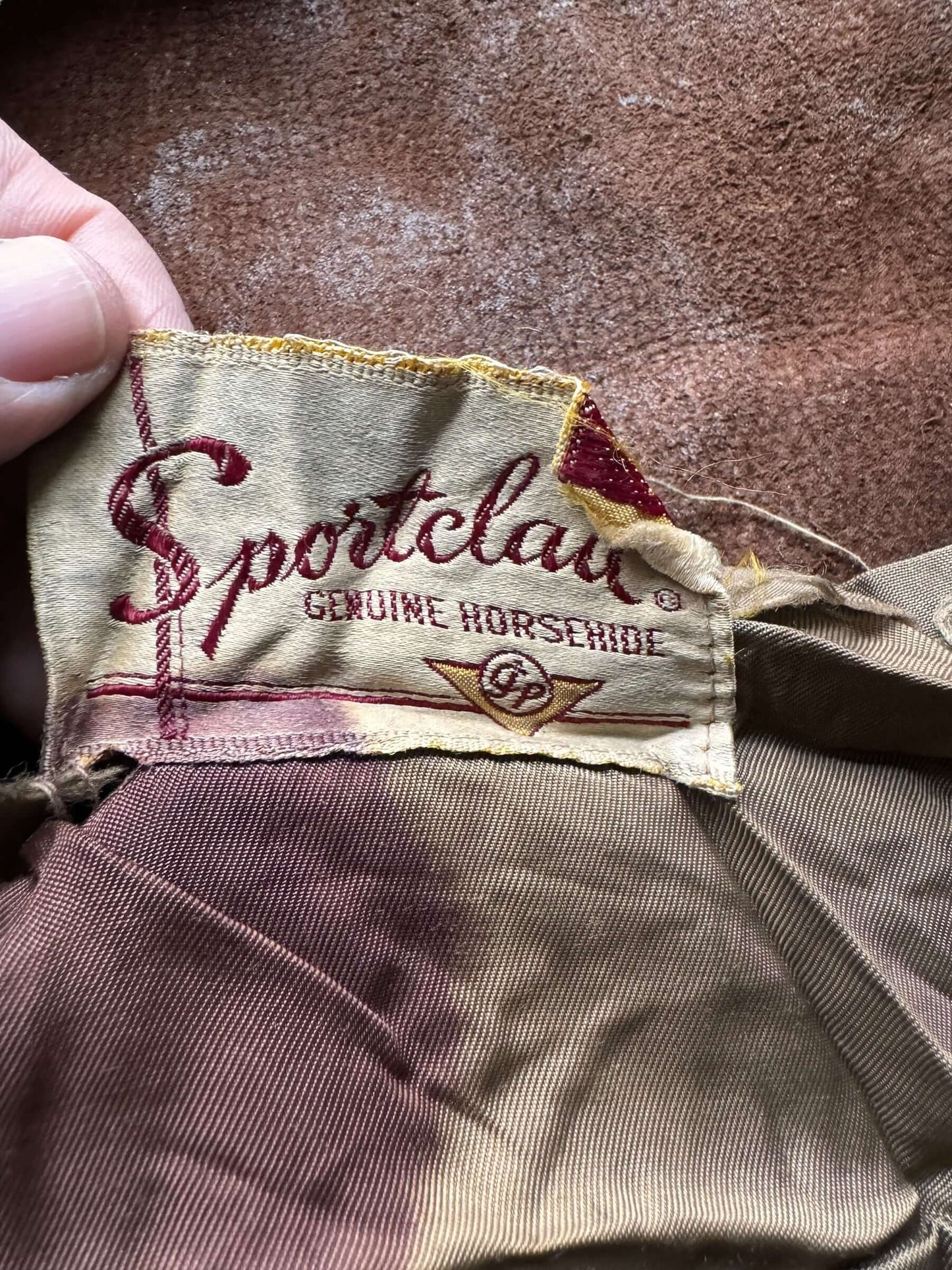 tag on Vintage Thrashed Sportclad Genuine Horsehide Leather Jacket SZ L