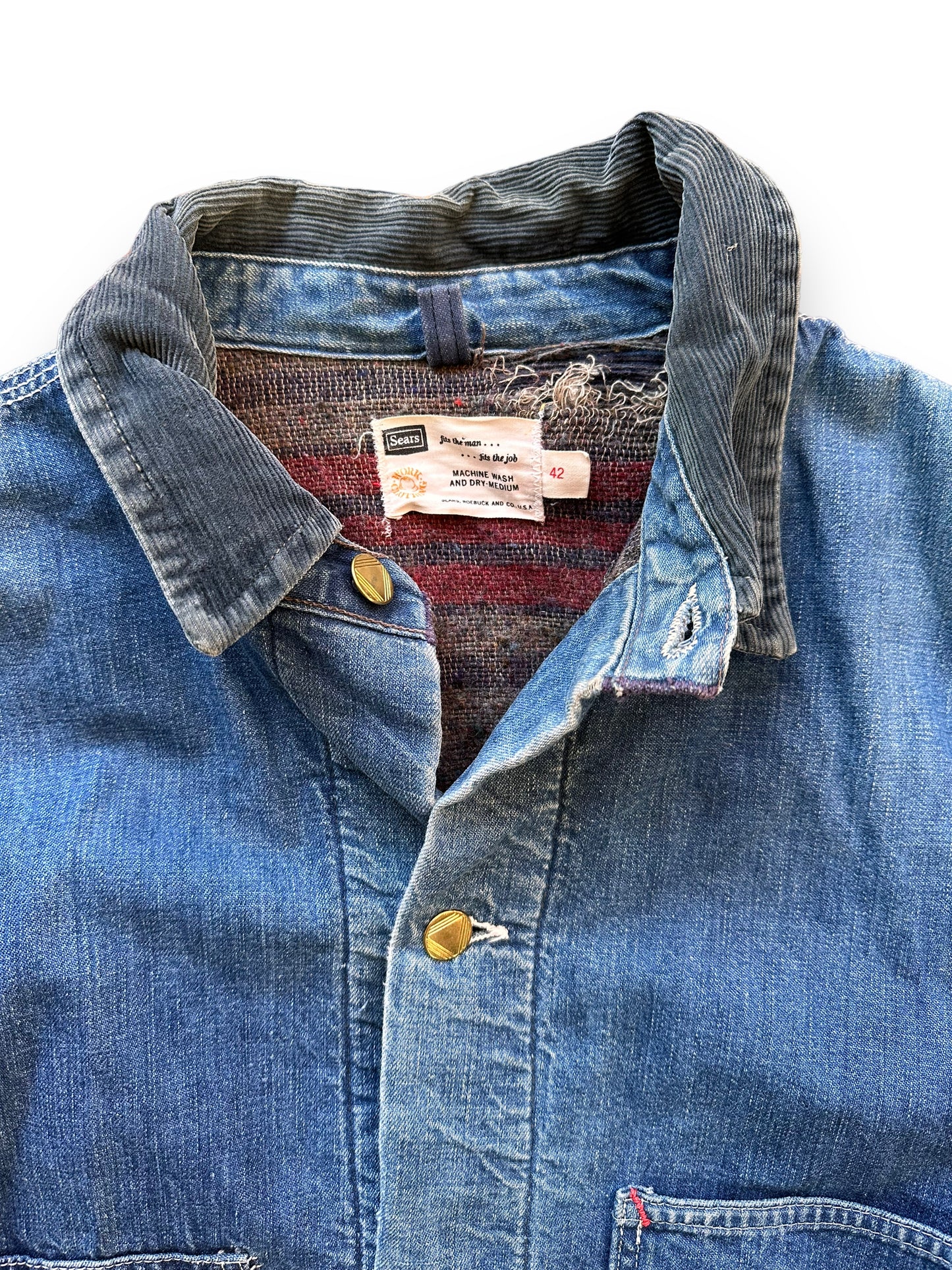 Upper Front View of Vintage Sears Blanket Lined Denim Chore Coat SZ 42 | Vintage Denim Chore Coat | Barn Owl Vintage Seattle