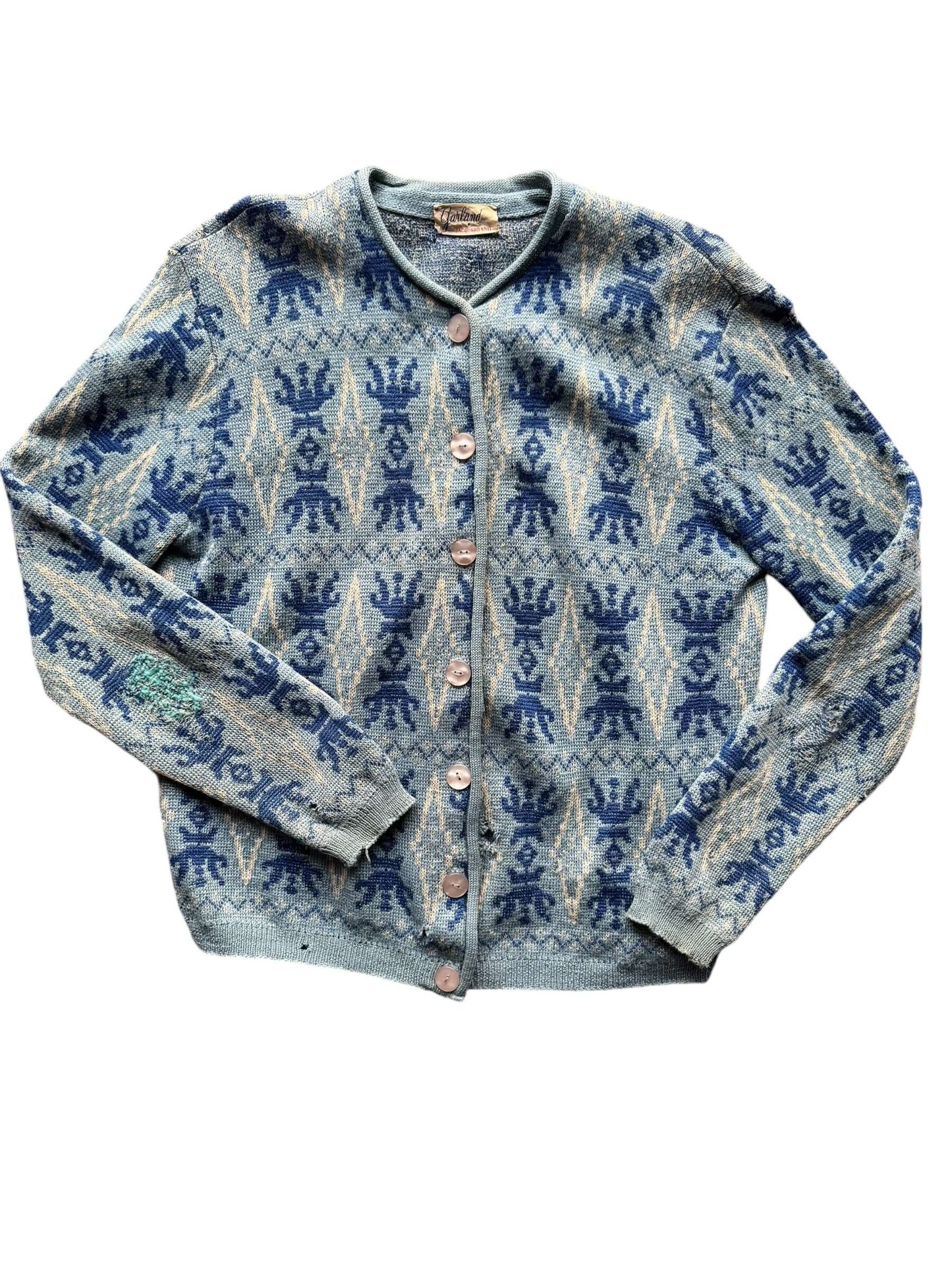 Front flat view of 1950s Garland Jaquard Cardigan M-L