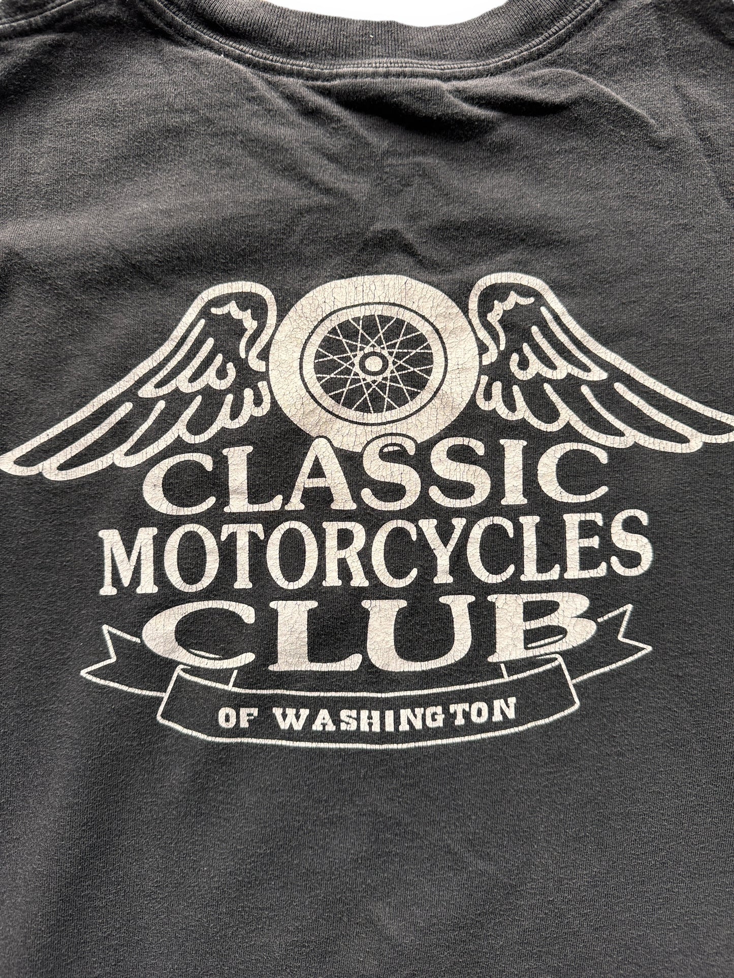 back close up of Vintage Washington Classic Motorcycle Club Long Sleeve Tee SZ L