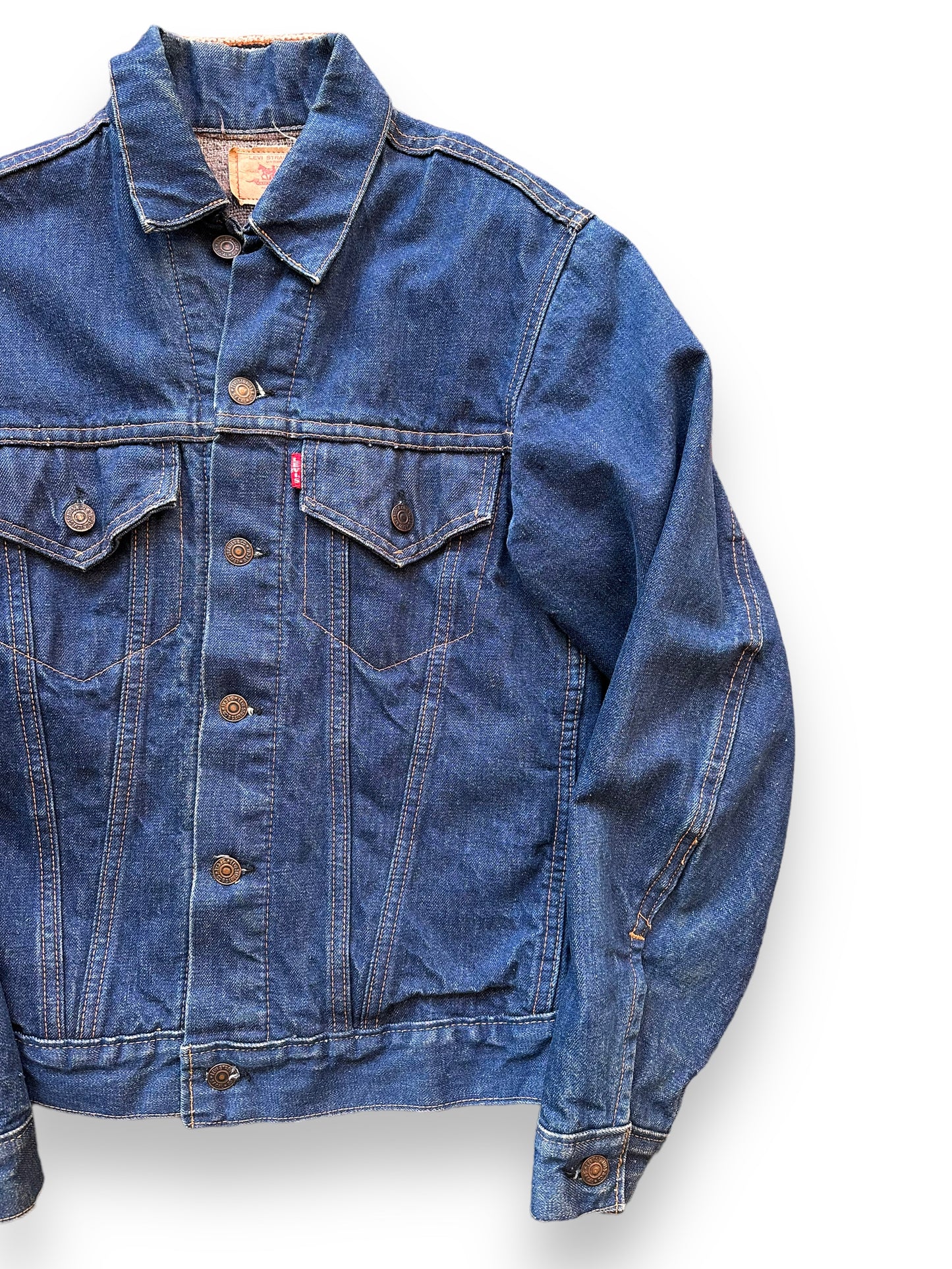 Front Left View of Vintage Levi's Big E Blanket Lined 70505 Denim Jacket SZ S | Vintage Denim Workwear Seattle | Seattle Vintage Denim