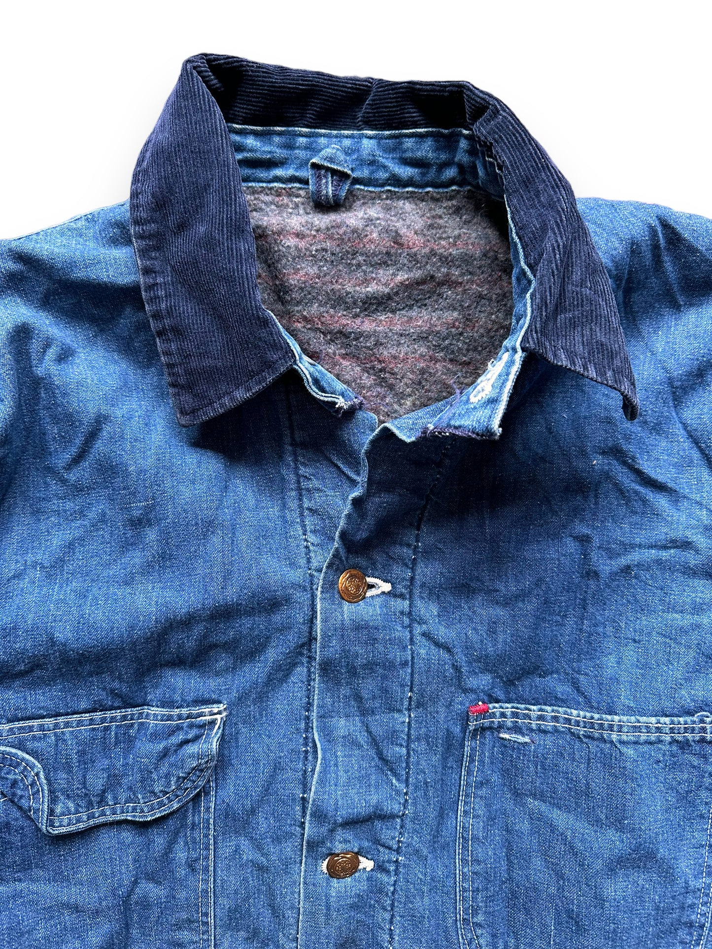 Upper Front View of Vintage Wrangler Blue Bell Blanket Lined Denim Chore Coat SZ 40 | Vintage Denim Chore Coat | Barn Owl Vintage Seattle