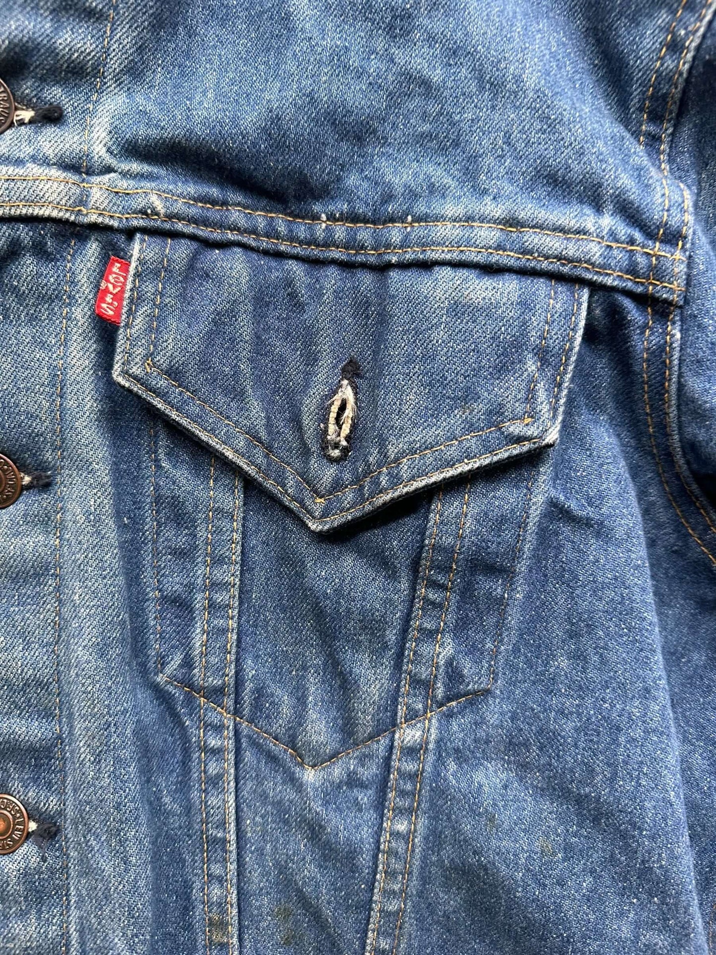 Pocket Tag View of Vintage 2-Pocket Levi's Type III Denim Jacket SZ 42 | Vintage Denim Workwear Seattle | Seattle Vintage Denim