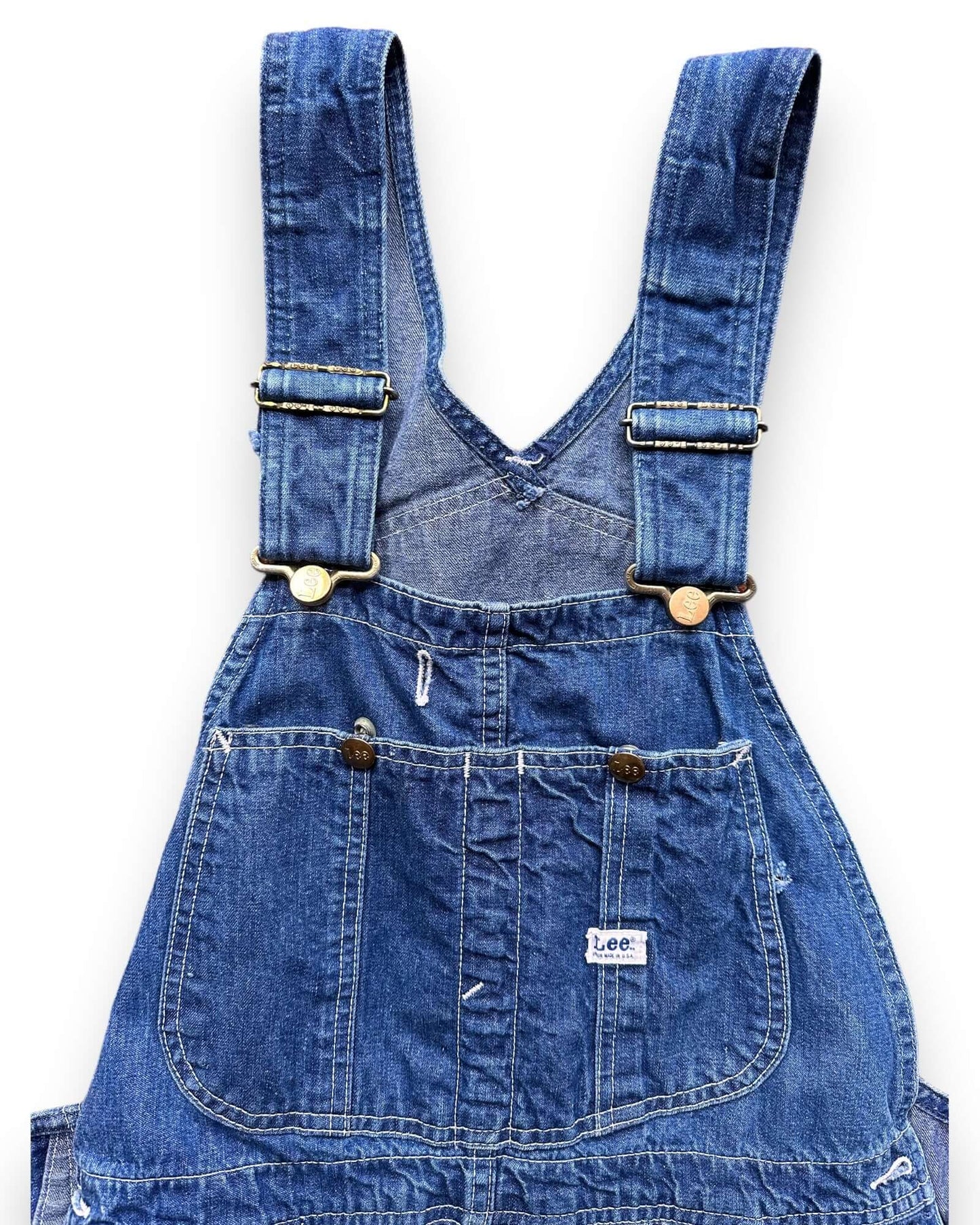 Upper Front Detail View of Vintage 70's Era Lee Farm Repaired Denim Overalls SZ 34 | Vintage Denim Workwear Seattle | Seattle Vintage Denim