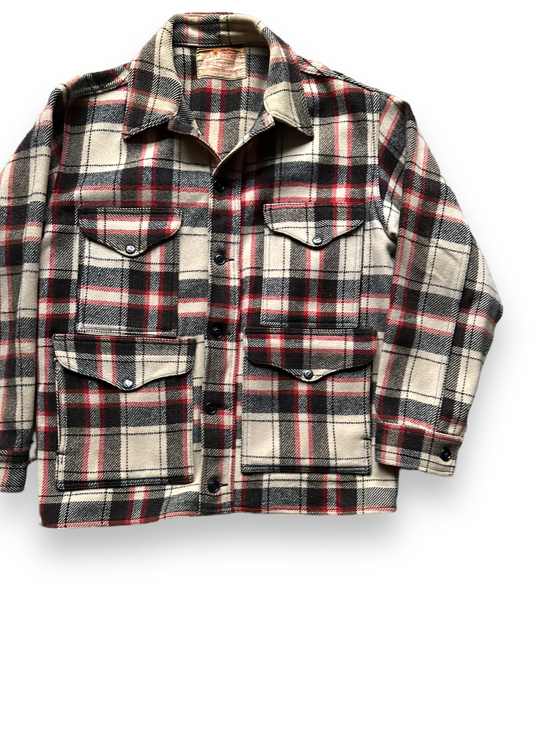 Front Left View of Extremely Rare 1951 Filson Red-Black-White Single Back Mackinaw Coat SZ 46 |  Vintage Filson Peppermint Patty Alternate | Vintage Workwear Seattle