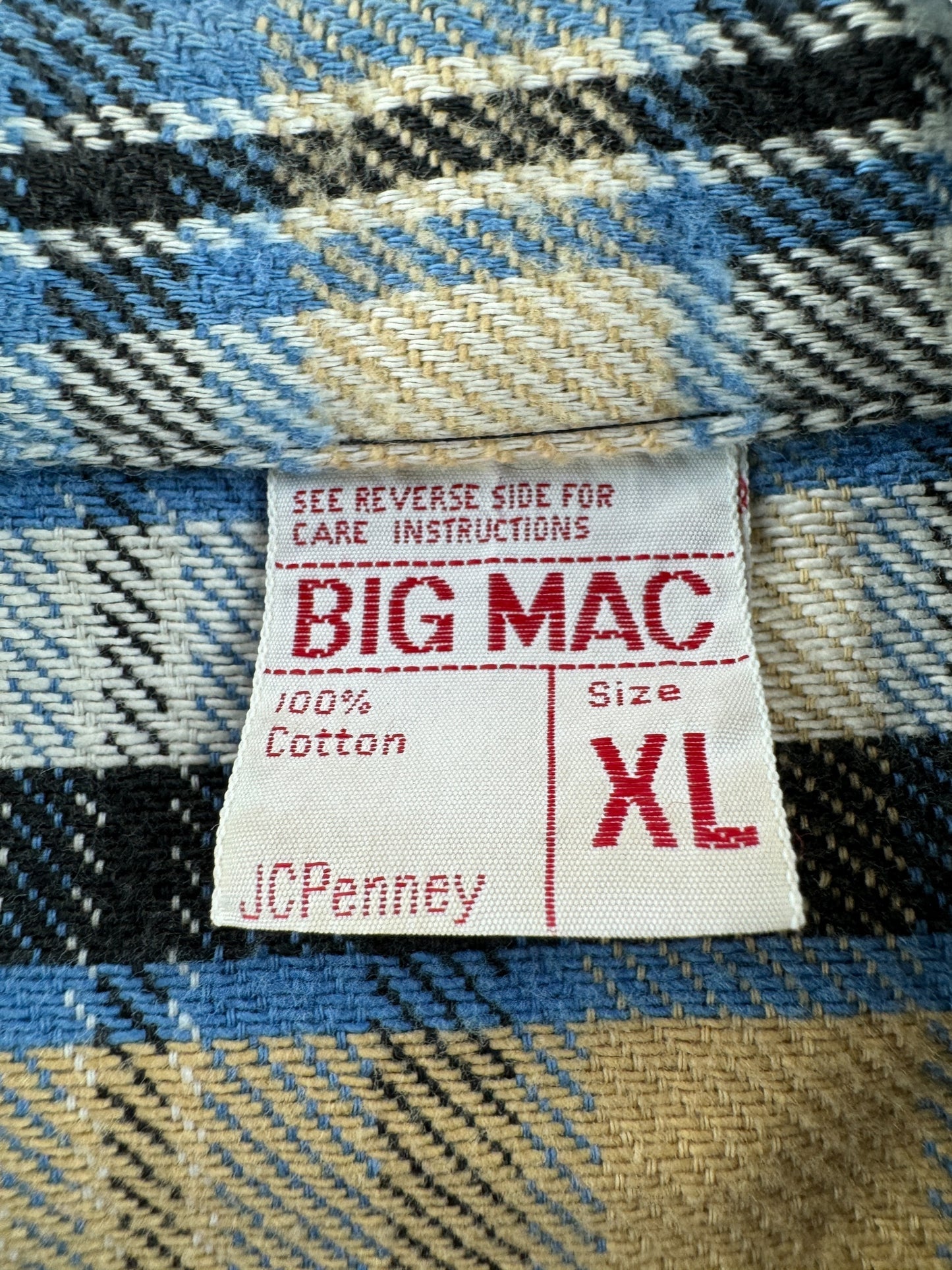 Tag on Vintage Blue and Beige Big Mac Cotton Flannel Pearl Snap SZ XL