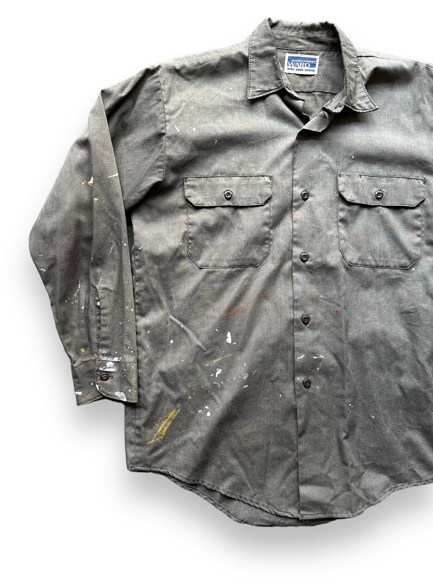 Front Right View of Vintage Montgomery Ward Work Shirt SZ L | Vintage Painter Shirt Seattle | Barn Owl Vintage Seattle