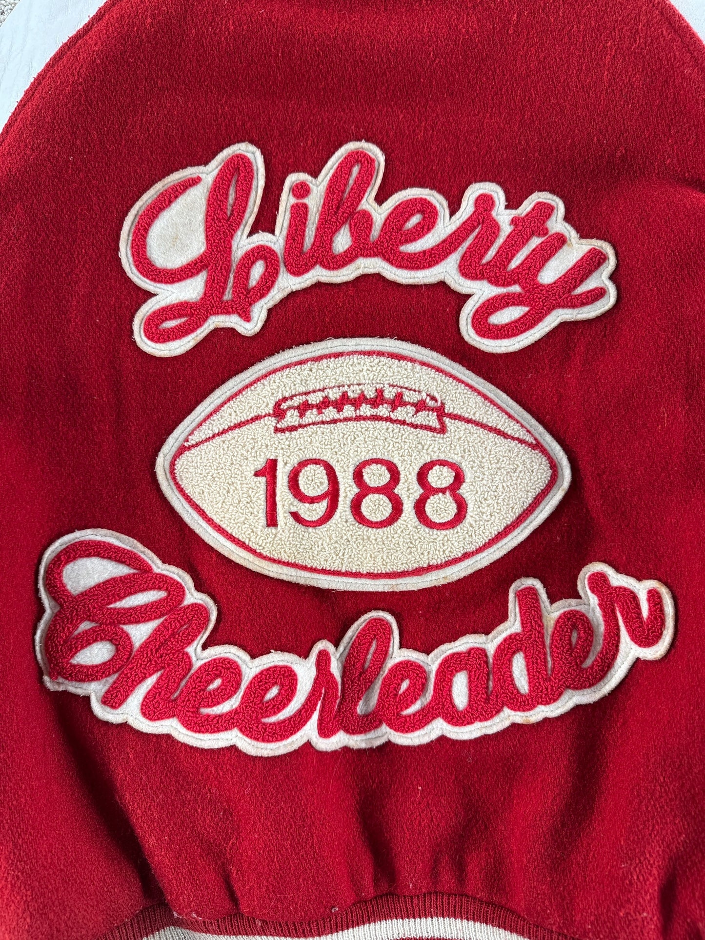 Back Patch on Vintage Liberty Cheerleader Varsity Jacket SZ 38 (Fits S/M)