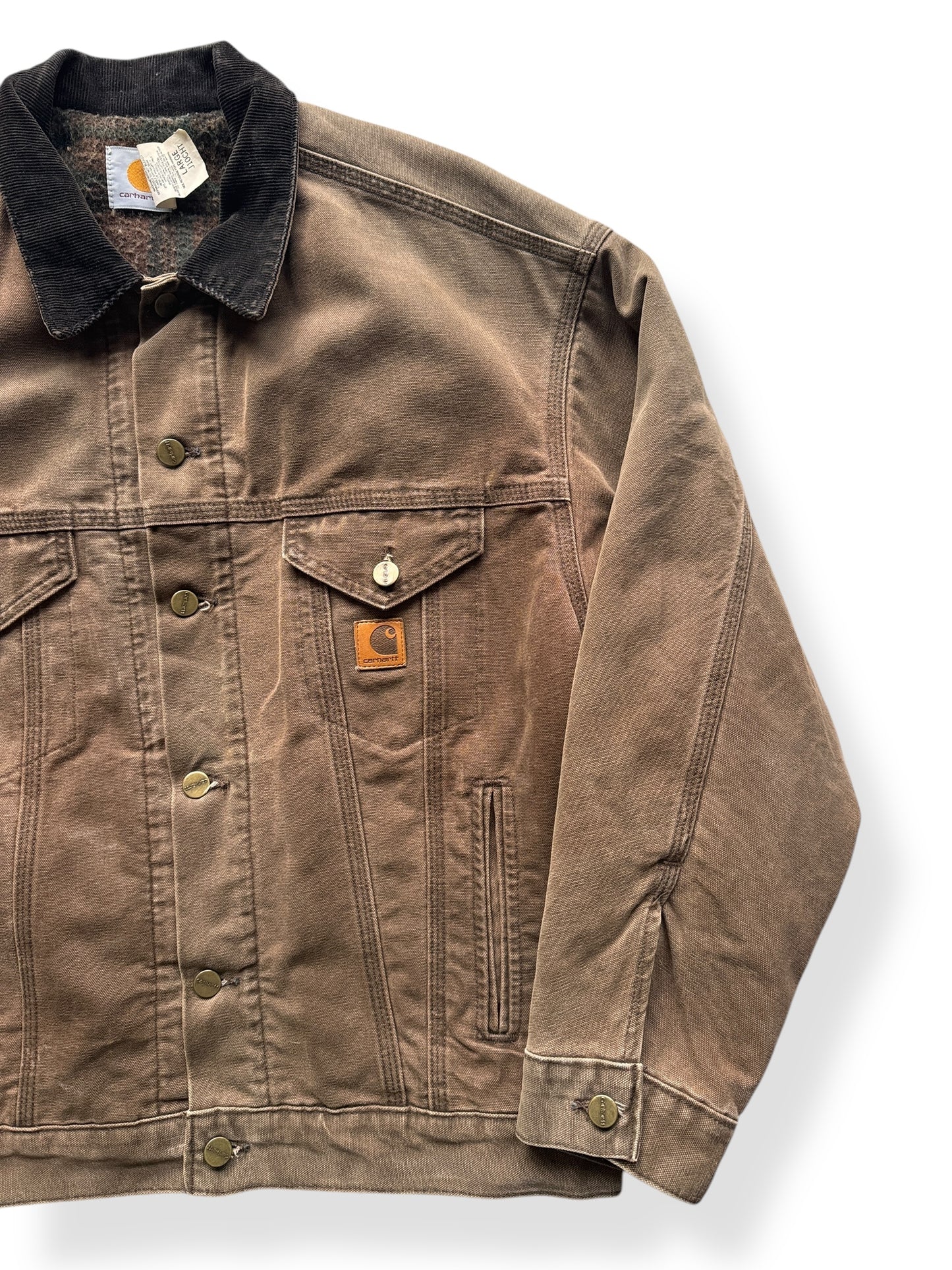 Front Left of Vintage Brown Carhartt Blanket Lined Trucker Jacket SZ L