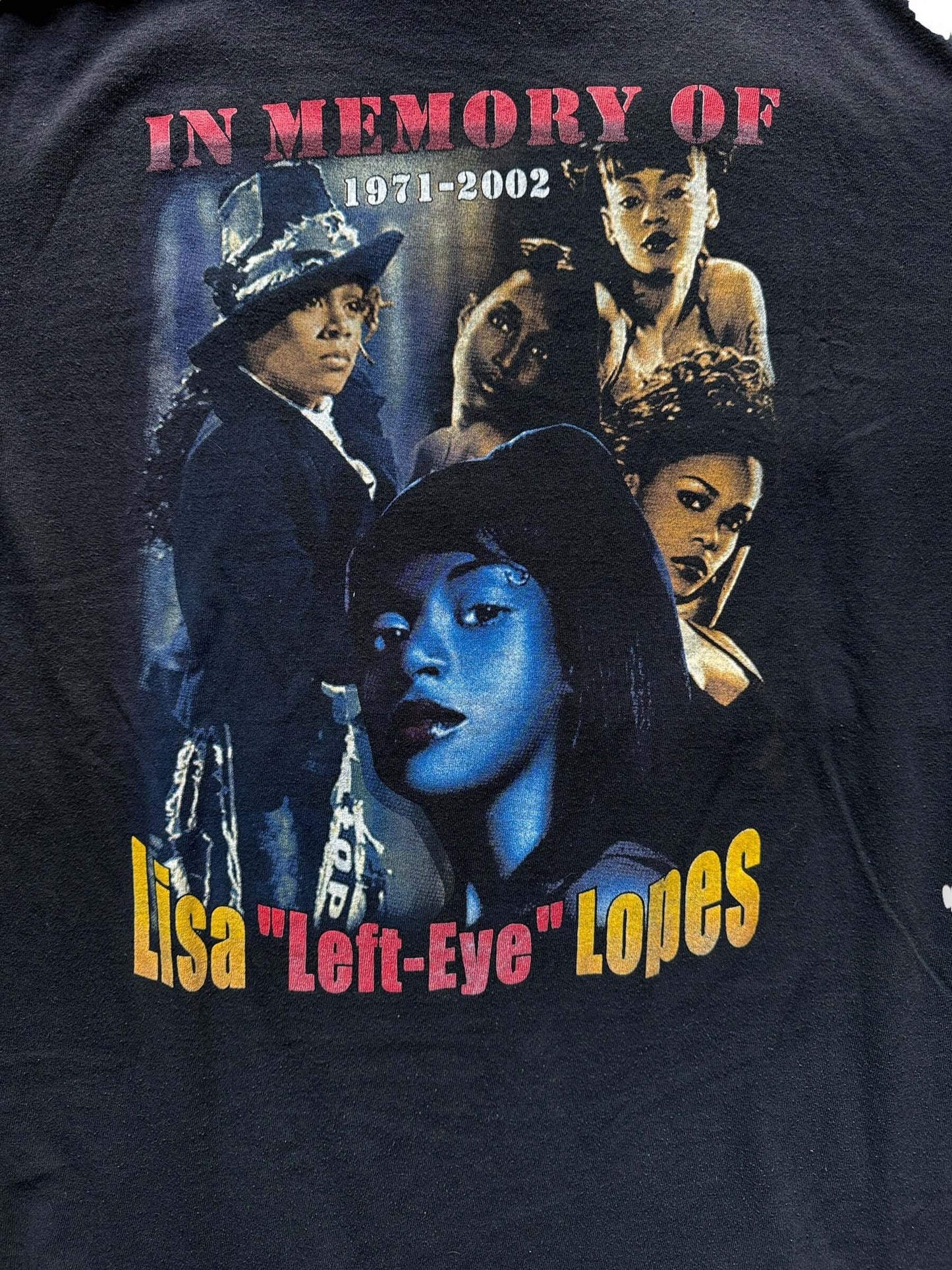 Rear Detail on Vintage Lisa "Left-Eye" Lopez TLC Memorial Rap Tee SZ XL