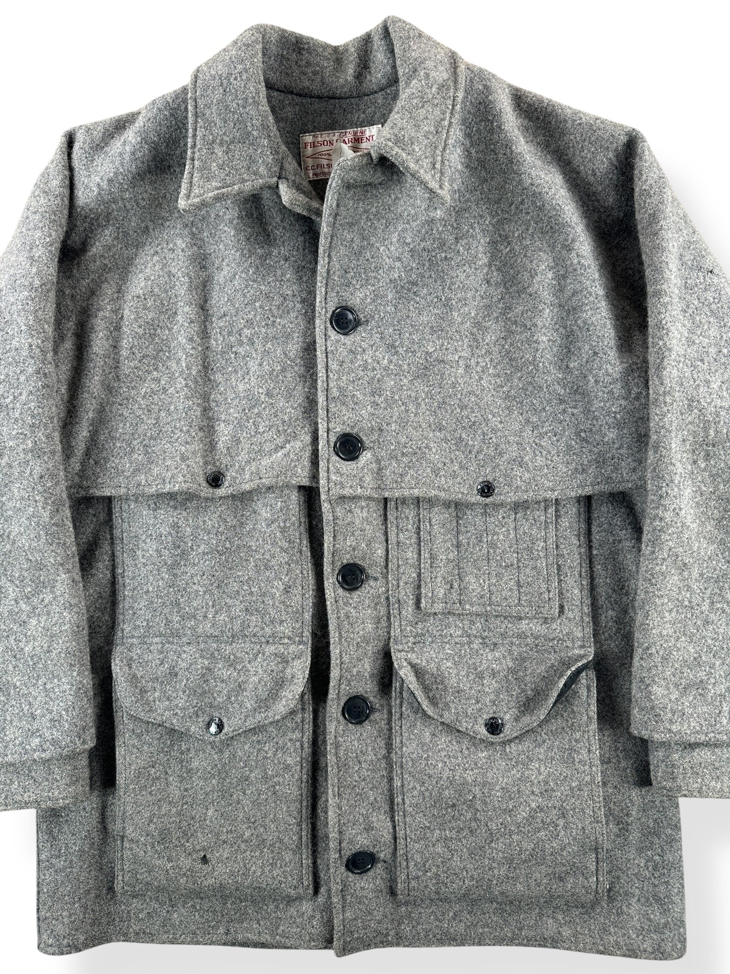 Front Close Up of Vintage Filson Grey Double Mackinaw Cruiser SZ 44