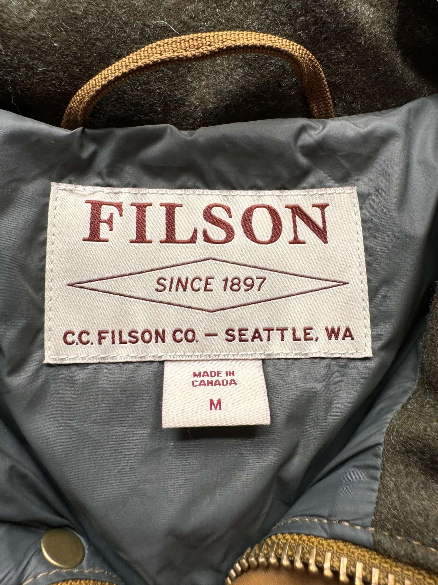 tag on Filson Tin Cloth Down Filled Cruiser Jacket SZ M