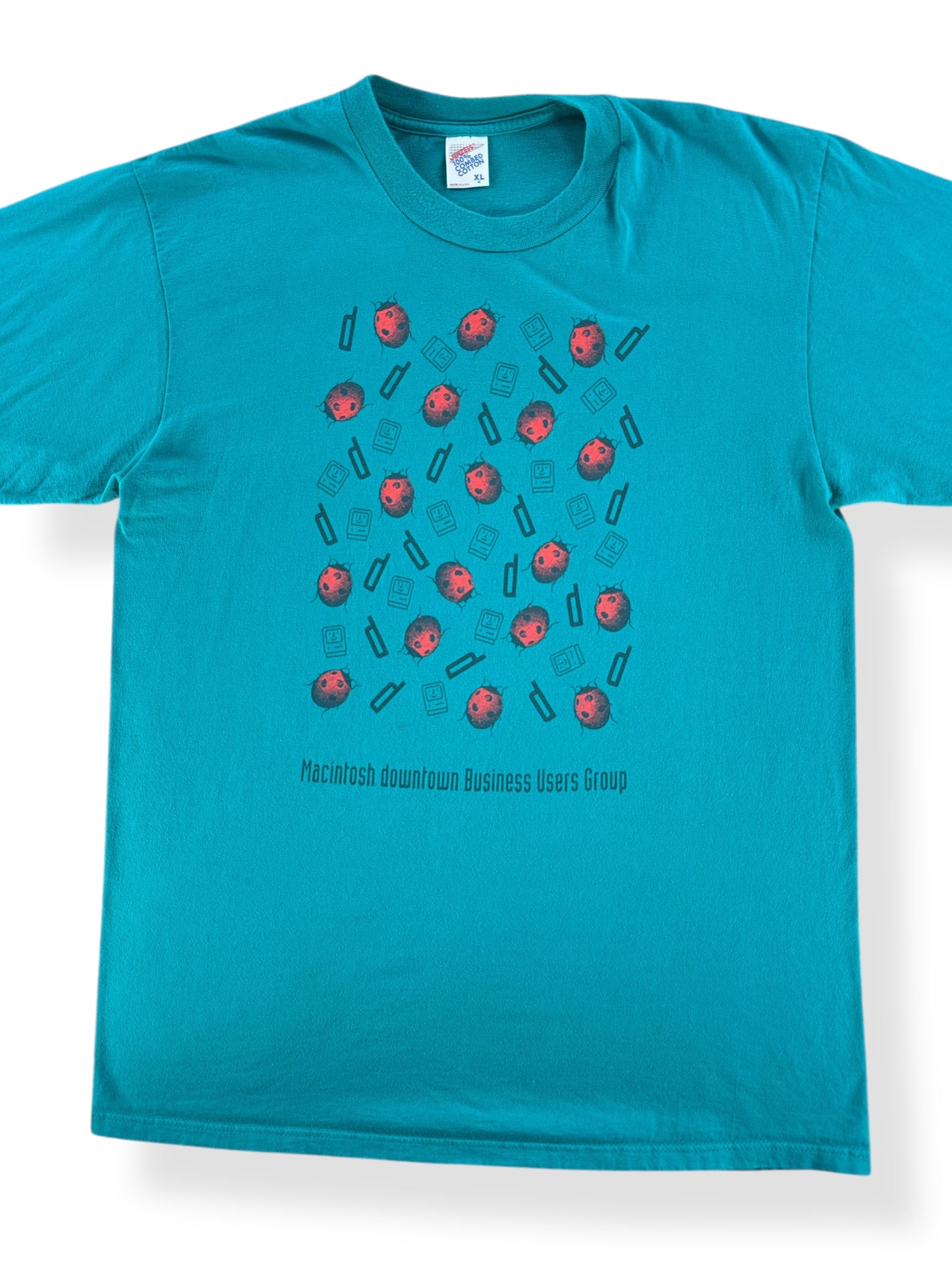 Front Close Up of Vintage Macintosh Business Users Group Ladybug Tee SZ L