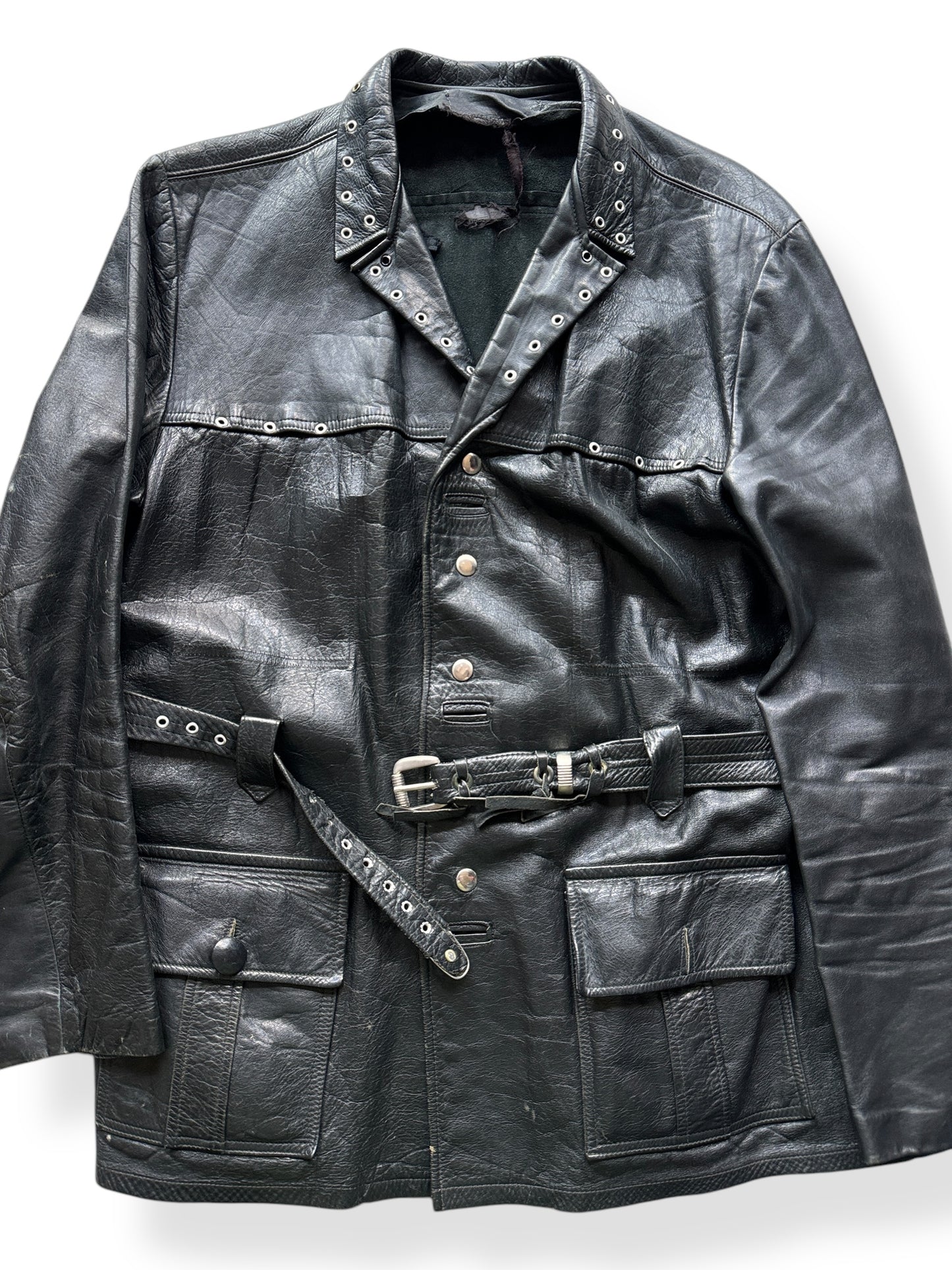 Front Graphic of Vintage Belted Black Leather Jacket SZ XL