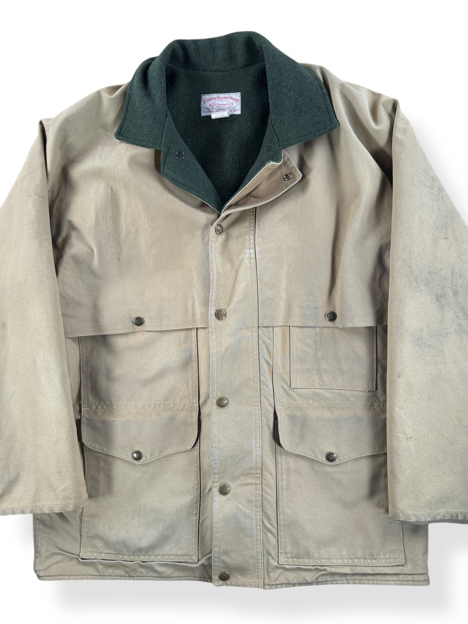 Front Close Up of Vintage Filson Dry Tin Jacket SZ 44