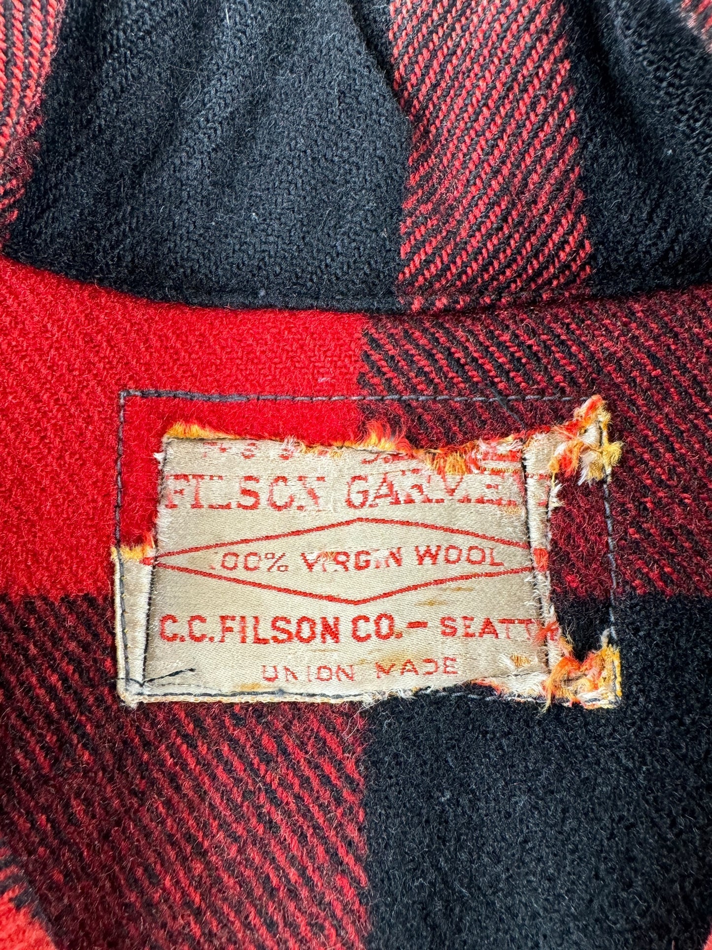 Label on Vintage Union Made Filson Mackinaw Cruiser SZ 48 AS IS
