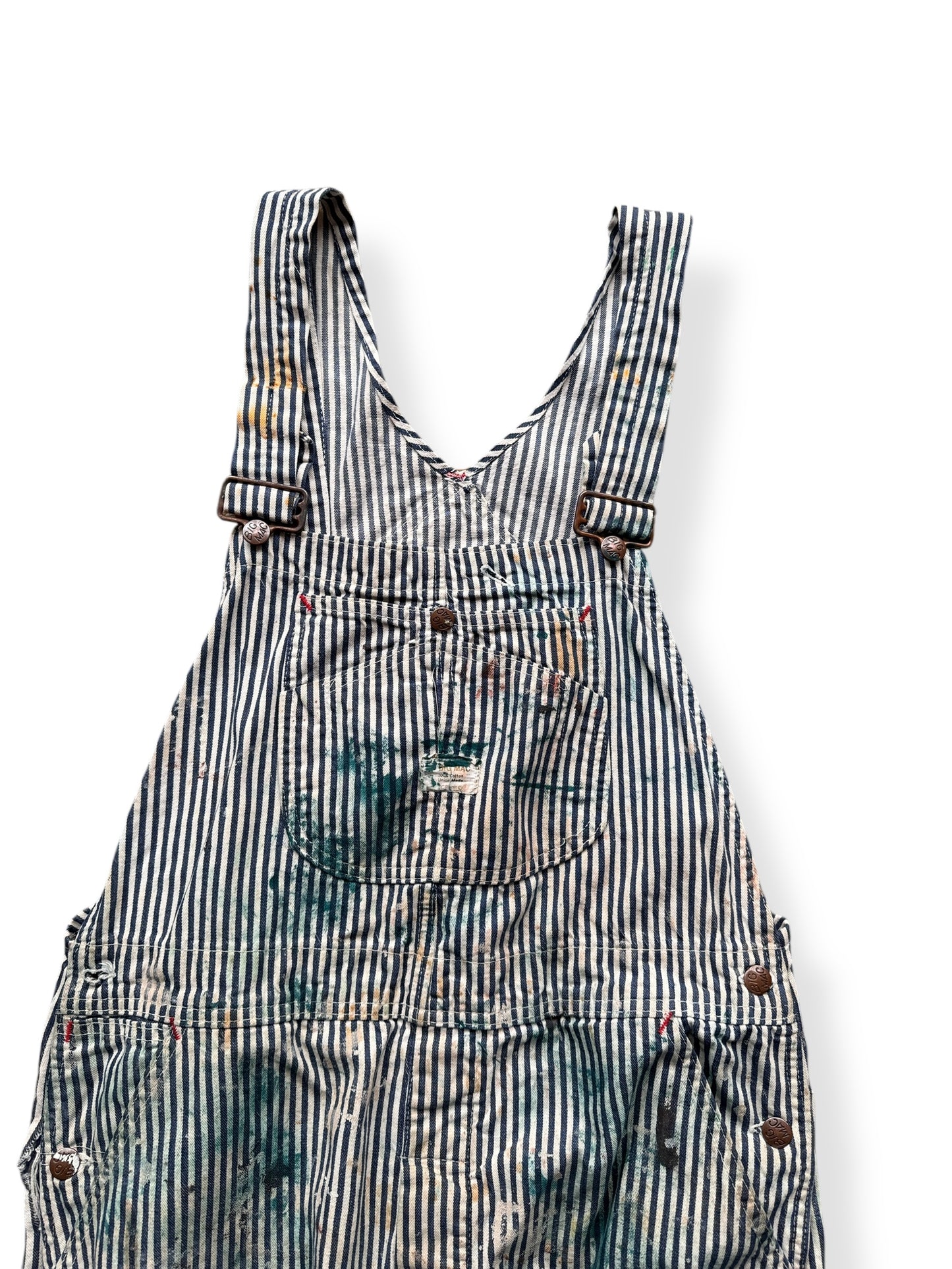 Front Top of Vintage Blue Paint Patina Packed Big Mac Hickory Stripe Overalls W38